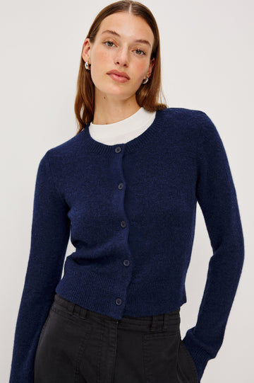 Matilda Cropped Long-Sleeve Sweater with Button Closure, Crew Neck and Ribbed Trim in Navy Colorway - Front View Featured on Model