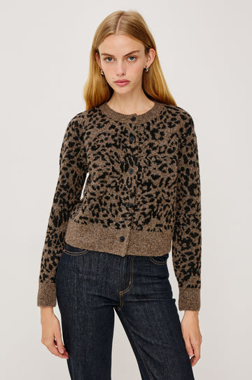 Matilda Cropped Long-Sleeve Sweater with Button Closure, Crew Neck and Ribbed Trim in Heather Oat Colorway - Front View Featured on Model