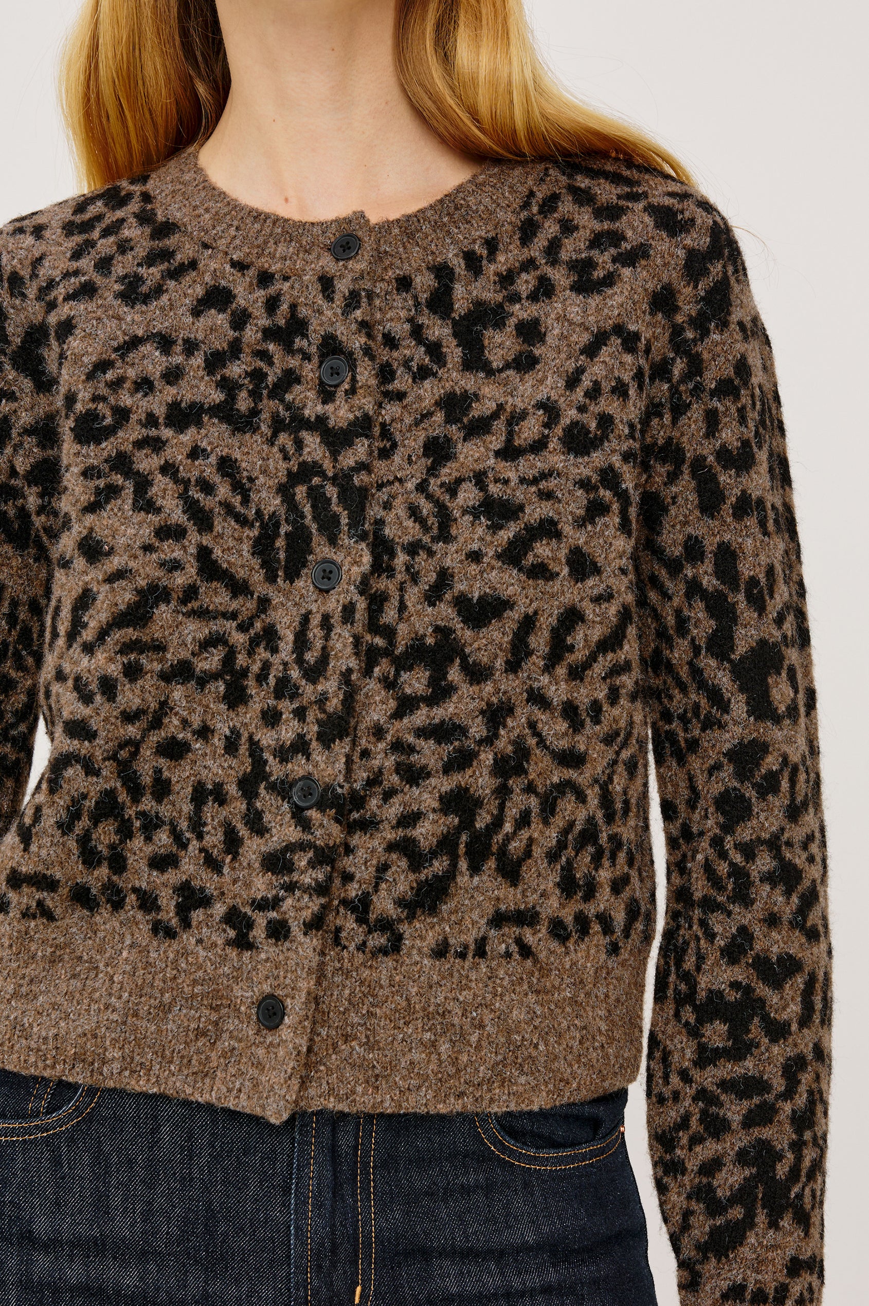 Matilda Cardigan Sweater in Cashmere Wool Blend With Crew Neckline, Ribbed Trim, Front Buttons, Long Sleeves in Spotted Colorway - Upper Body Close Up View Featured on Model