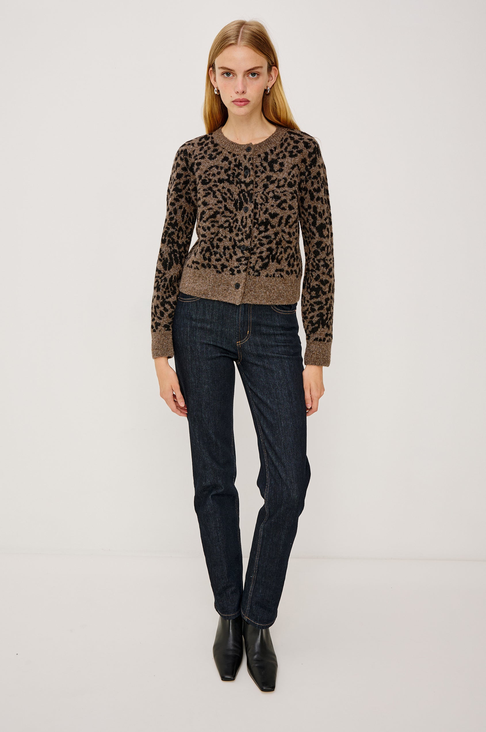 Matilda Cardigan Sweater in Cashmere Wool Blend With Crew Neckline, Ribbed Trim, Front Buttons, Long Sleeves in Spotted Colorway - Full Body Front View Featured on Model