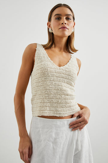 Matilde Crop Knit Tank with a V Neck in Oat Colorway - Front View Featured on Model  