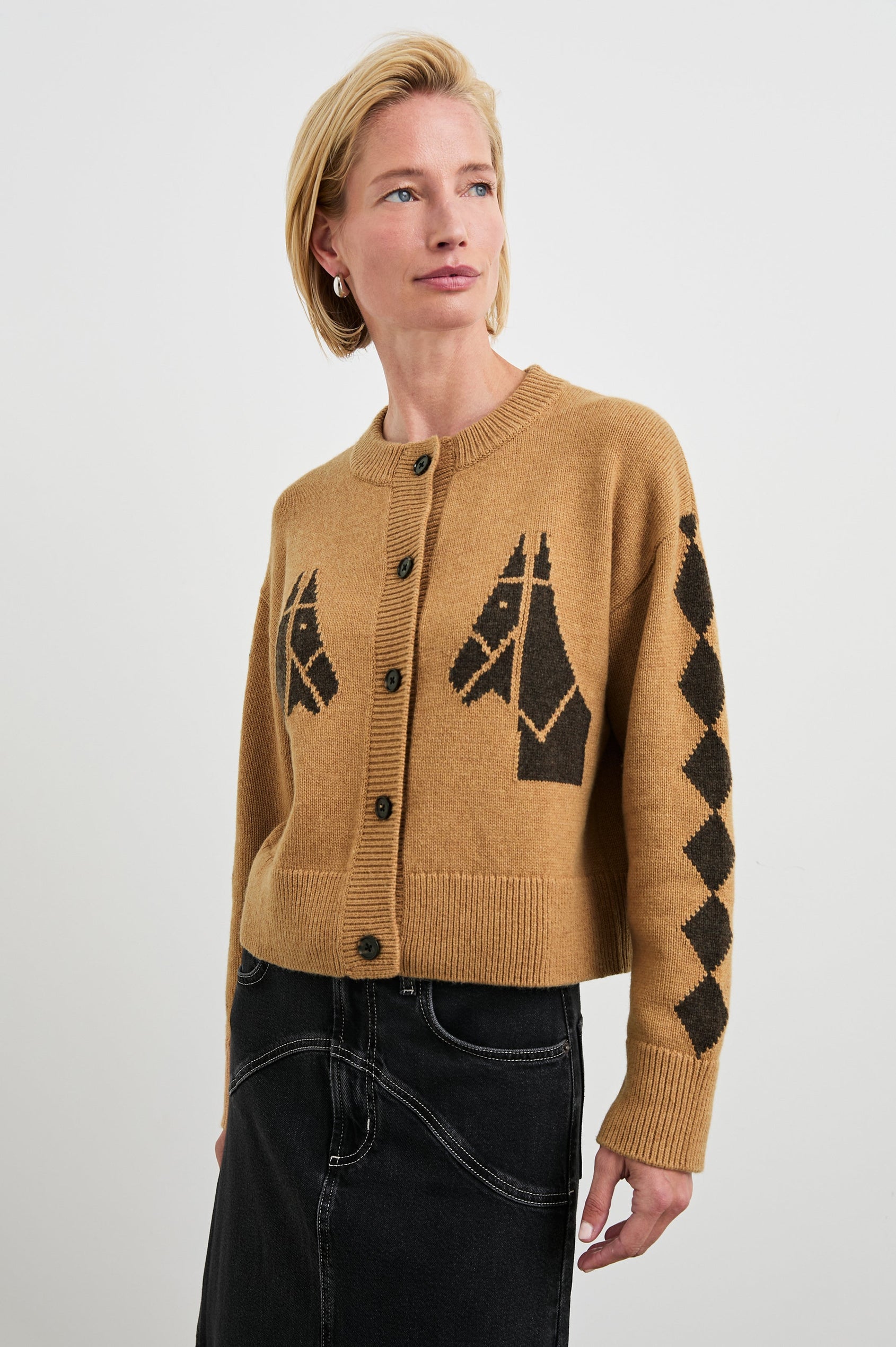 Mavie Long-Sleeve Cardigan with Button Closure, Crew Neck and Ribbed Trim in Camel Stables Colorway with Black Horses and Diamonds on Camel - Front View Featured on Model