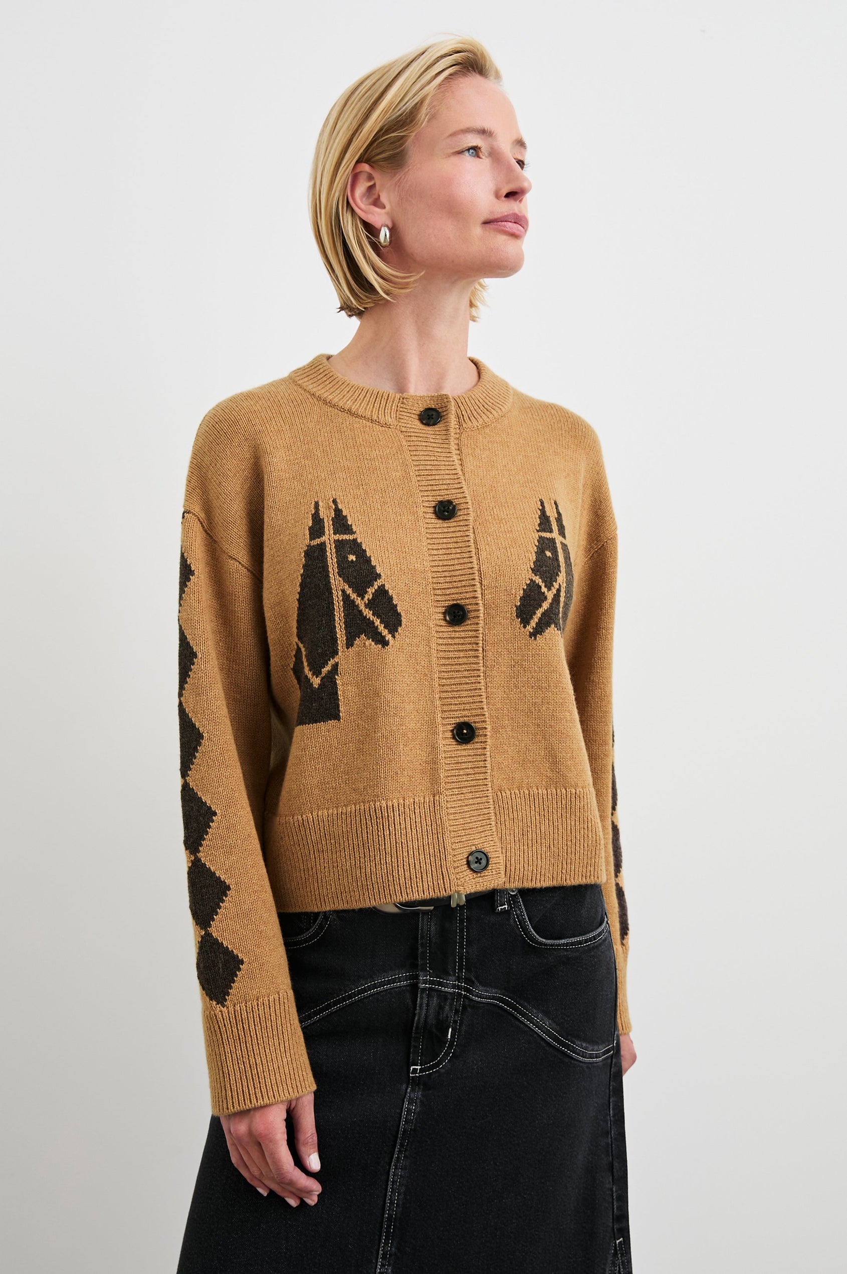 Mavie Long-Sleeve Cardigan with Button Closure, Crew Neck and Ribbed Trim in Camel Stables Colorway with Black Horses and Diamonds on Camel - Front View Featured on Model