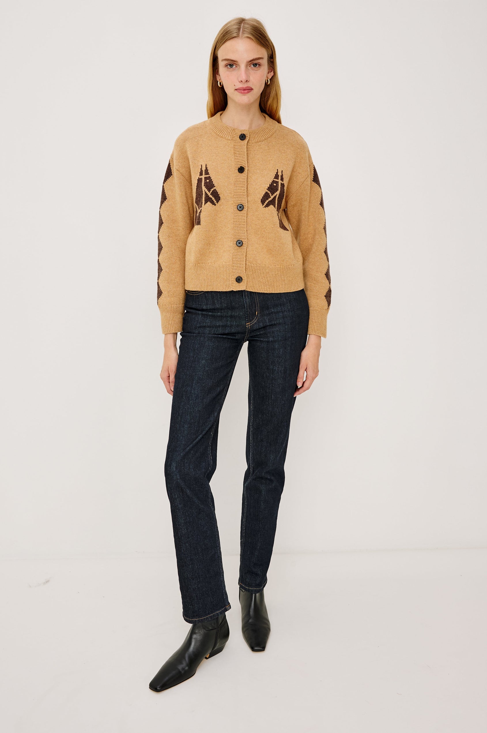 Mavie Long-Sleeve Cardigan with Button Closure, Crew Neck and Ribbed Trim in Camel Stables Colorway with Black Horses and Diamonds on Camel - Full Body Front View Featured on Model