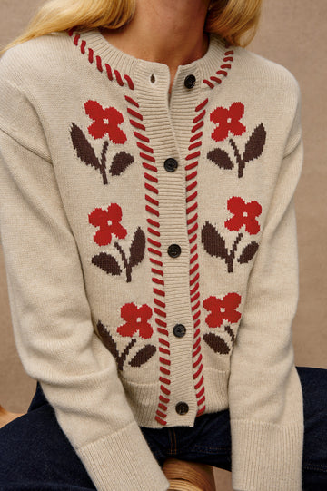 Mavie Long-Sleeve Cardigan with Button Closure, Crew Neck and Ribbed Trim in Carmine Floral Colorway with Carmine and Brown Flowers and Red Contrast Whip Stitching - Close Up View Featured on Model