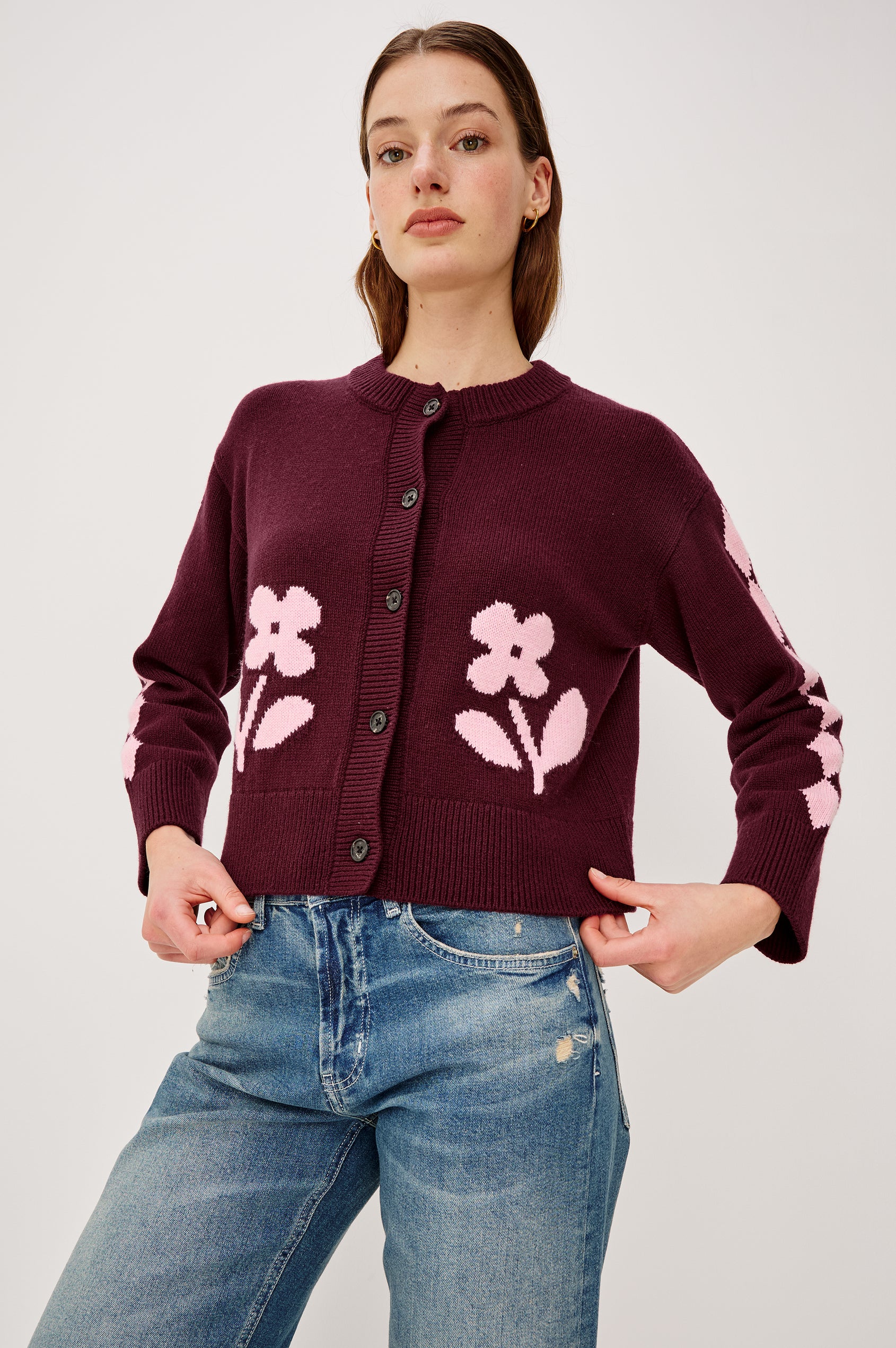 Mavie Long-Sleeve Cardigan with Button Closure, Crew Neck and Ribbed Trim in Garnet Daisy Colorway with Pink Flowers and Diamonds on Garnet - Front View Featured on Model