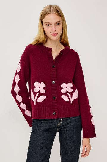Mavie Long-Sleeve Cardigan with Button Closure, Crew Neck and Ribbed Trim in Garnet Daisy Colorway with Pink Flowers and Diamonds on Garnet - Front View Featured on Model