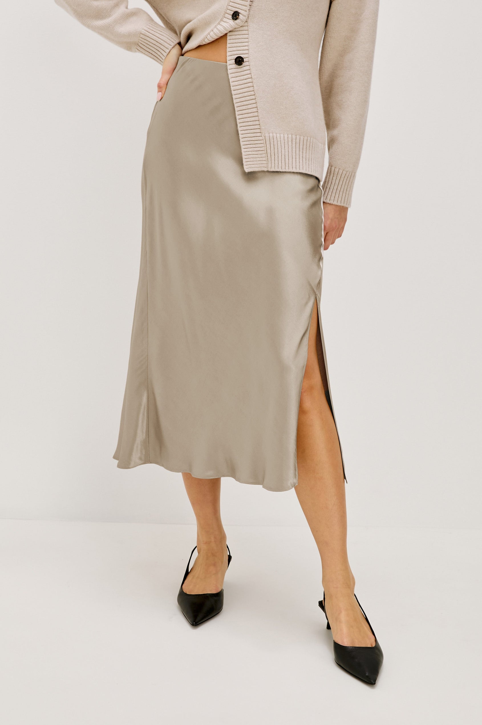 Maya Midi Skirt with Mid-Thigh Side Slit in Mink Colorway - Front View Featured on Model