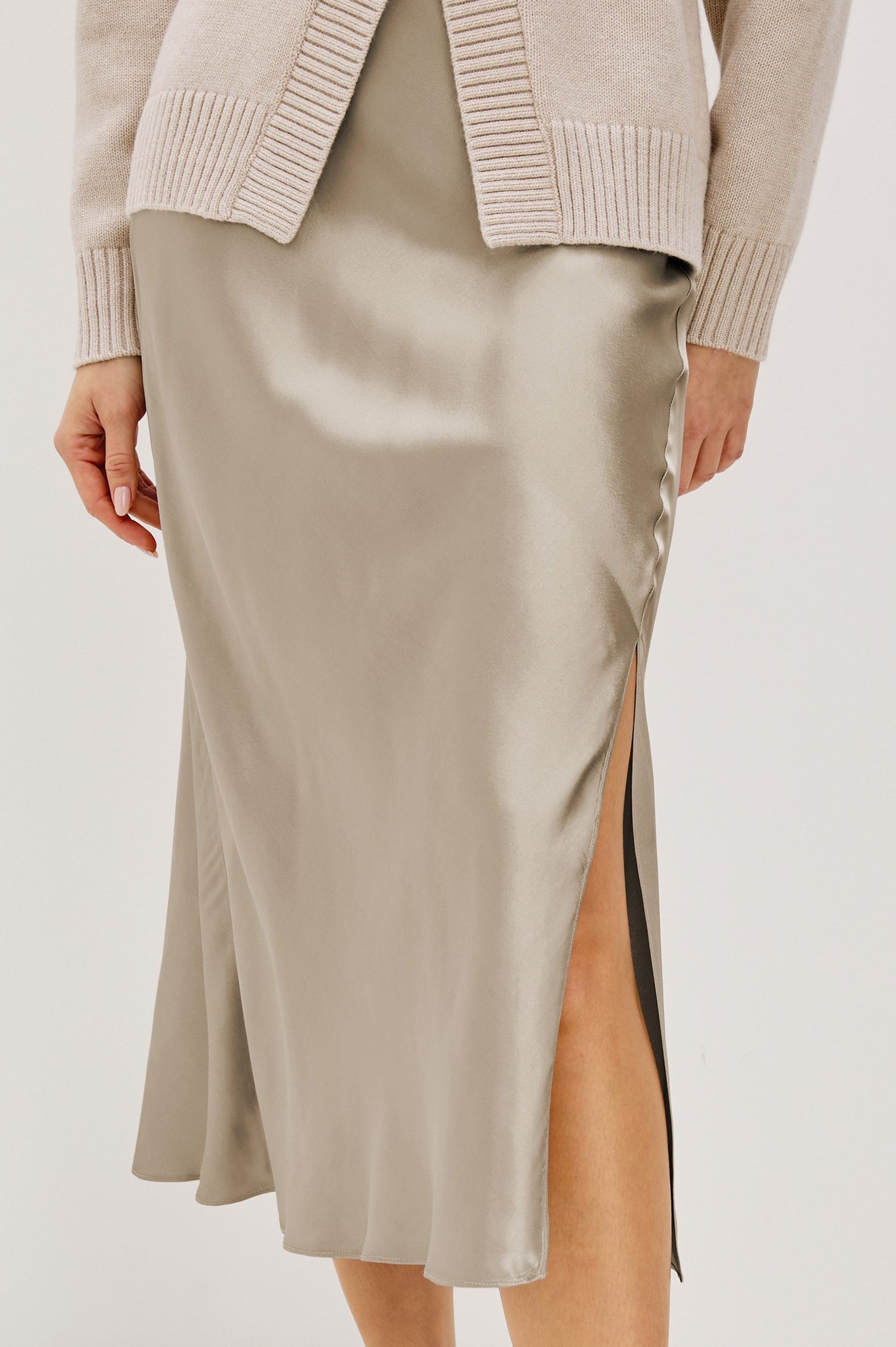 Maya Midi Skirt with Mid-Thigh Side Slit in Mink Colorway - Close Up View Featured on Model
