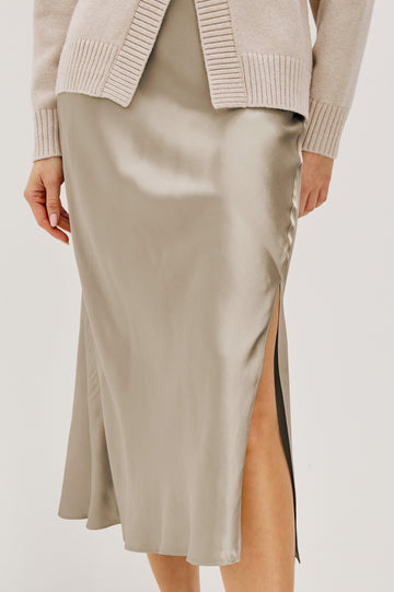Maya Midi Skirt with Mid-Thigh Side Slit in Mink Colorway - Close Up View Featured on Model