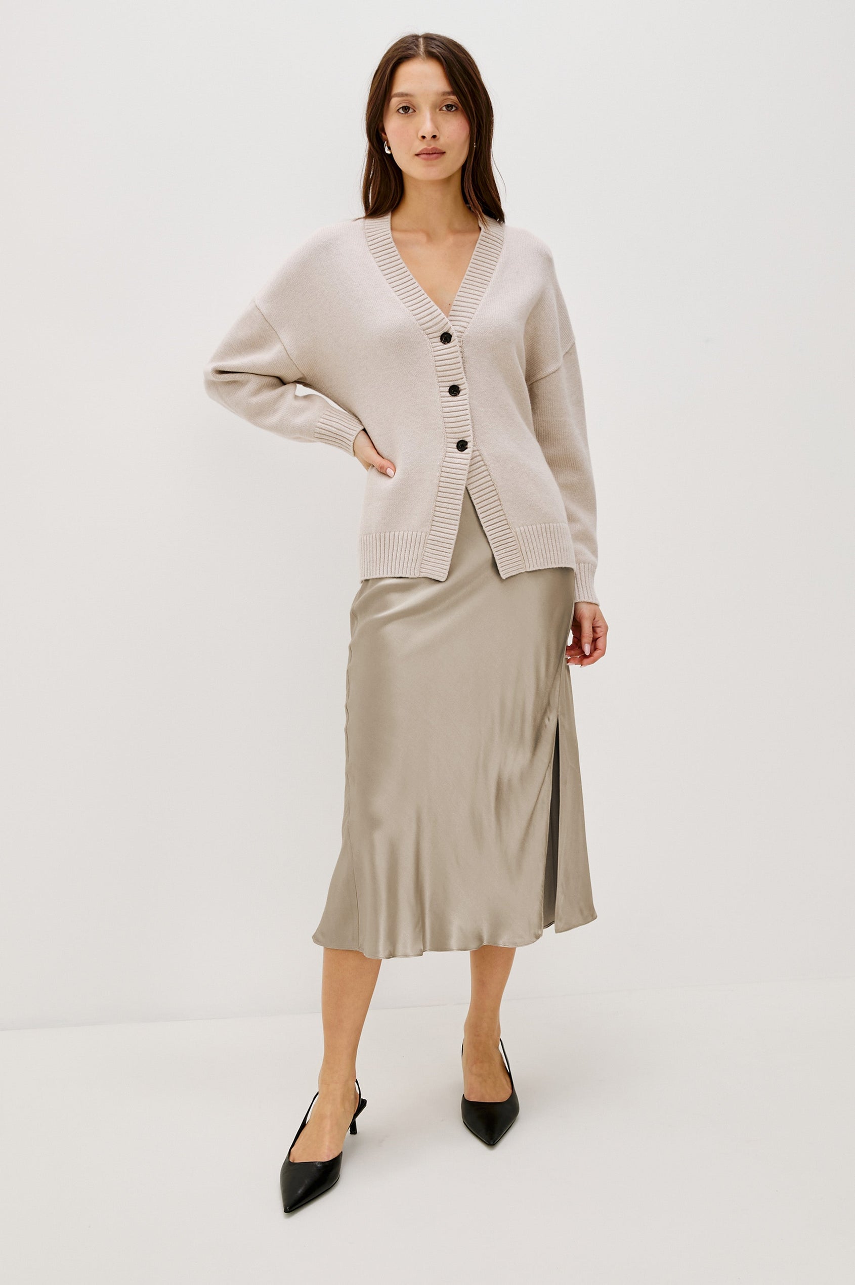 Maya Midi Skirt with Mid-Thigh Side Slit in Mink Colorway - Full Body Front View Featured on Model
