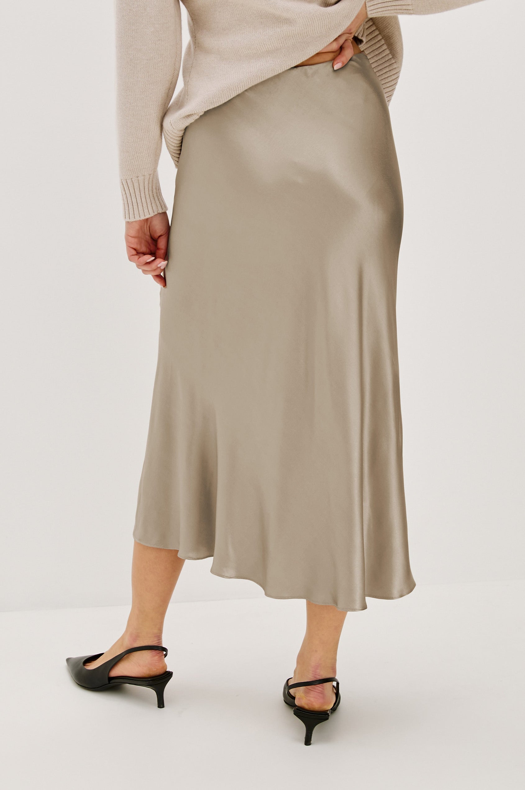 Maya Midi Skirt with Mid-Thigh Side Slit in Mink Colorway - Back View Featured on Model