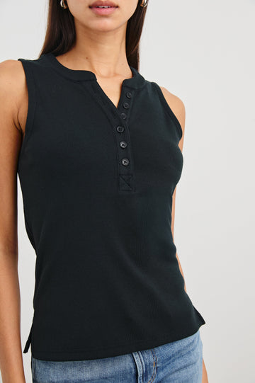 Mayla Sleeveless Top With 3/4 Front Buttons In Colorway Black - Detail View Featured On Model