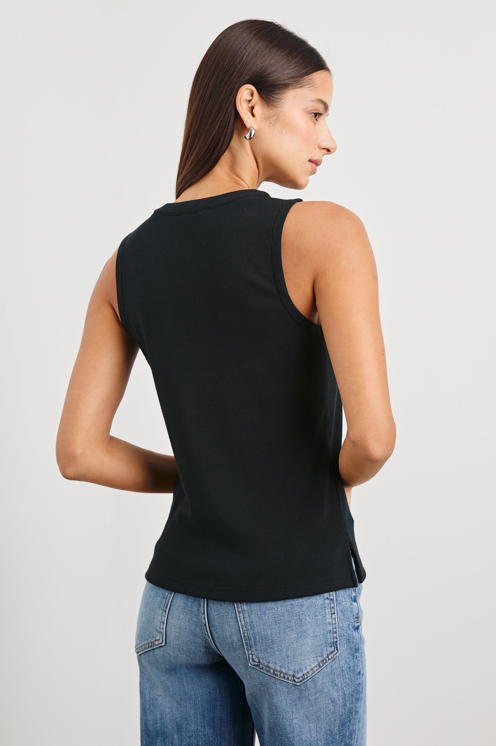 Mayla Sleeveless Top With 3/4 Front Buttons In Colorway Black - Back View Featured On Model