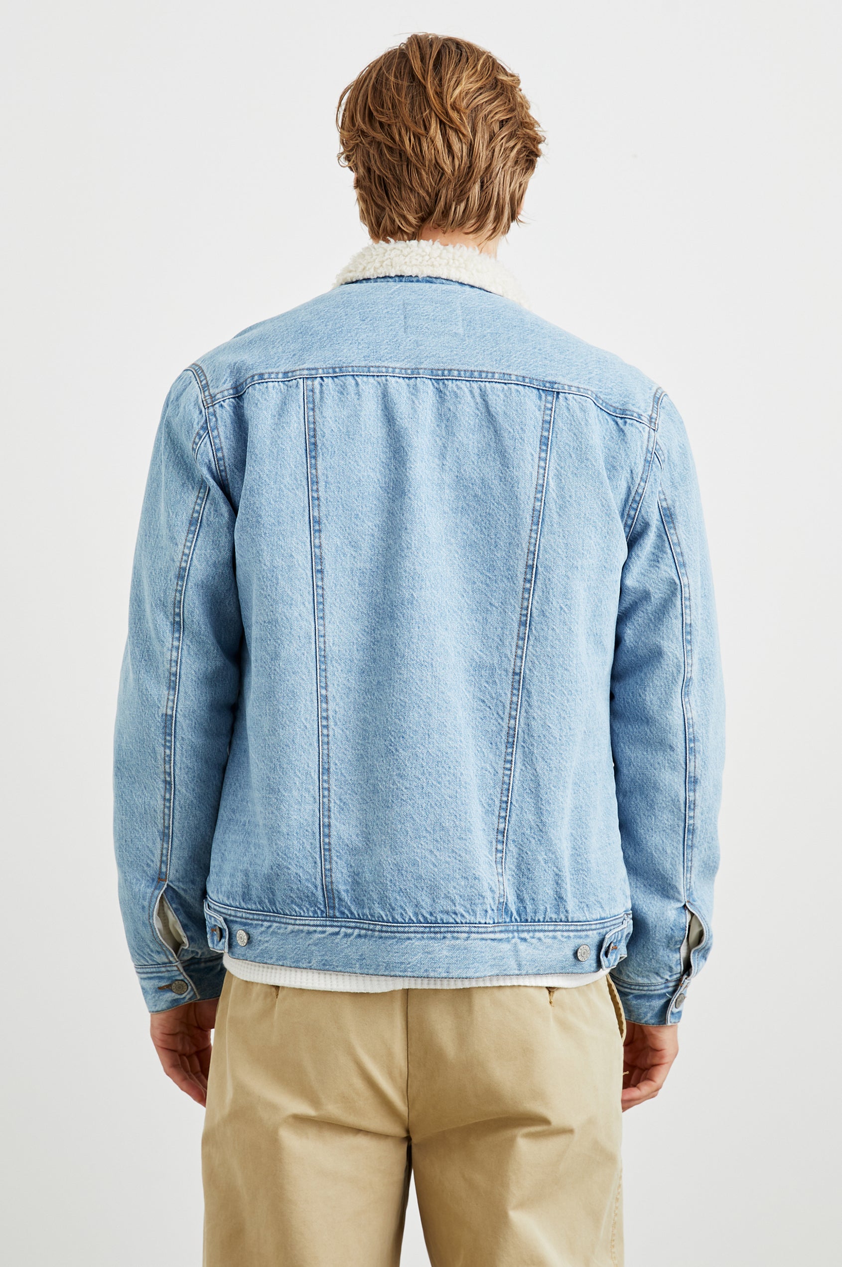McKinley Denim Jacket with Button Closure, Two Chest Button Flap Pockets and a Cream Faux Sherpa Collar in Vintage Wash Colorway - Back View Featured on Model