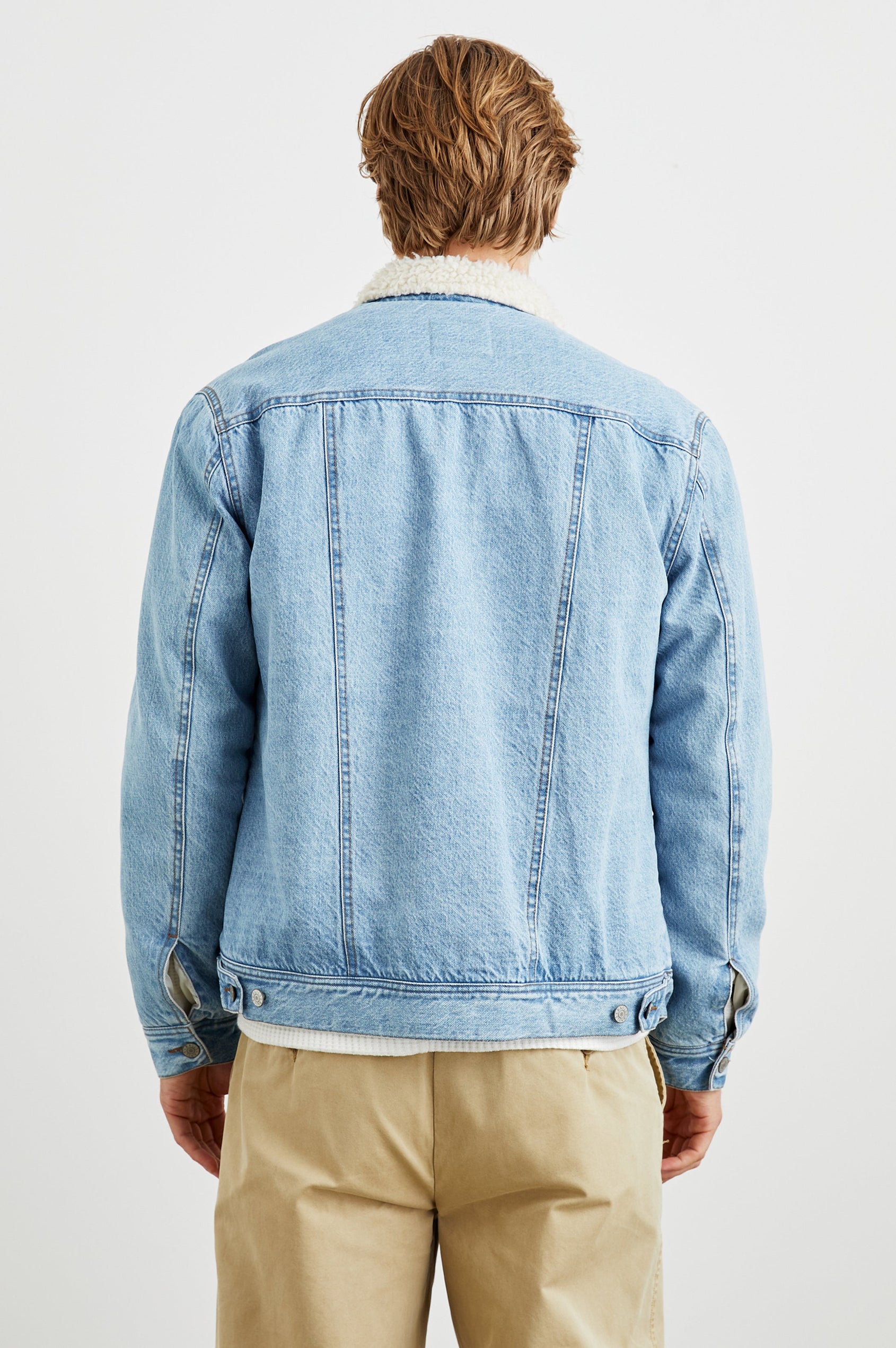 McKinley Denim Jacket with Button Closure, Two Chest Button Flap Pockets and a Cream Faux Sherpa Collar in Vintage Wash Colorway - Back View Featured on Model