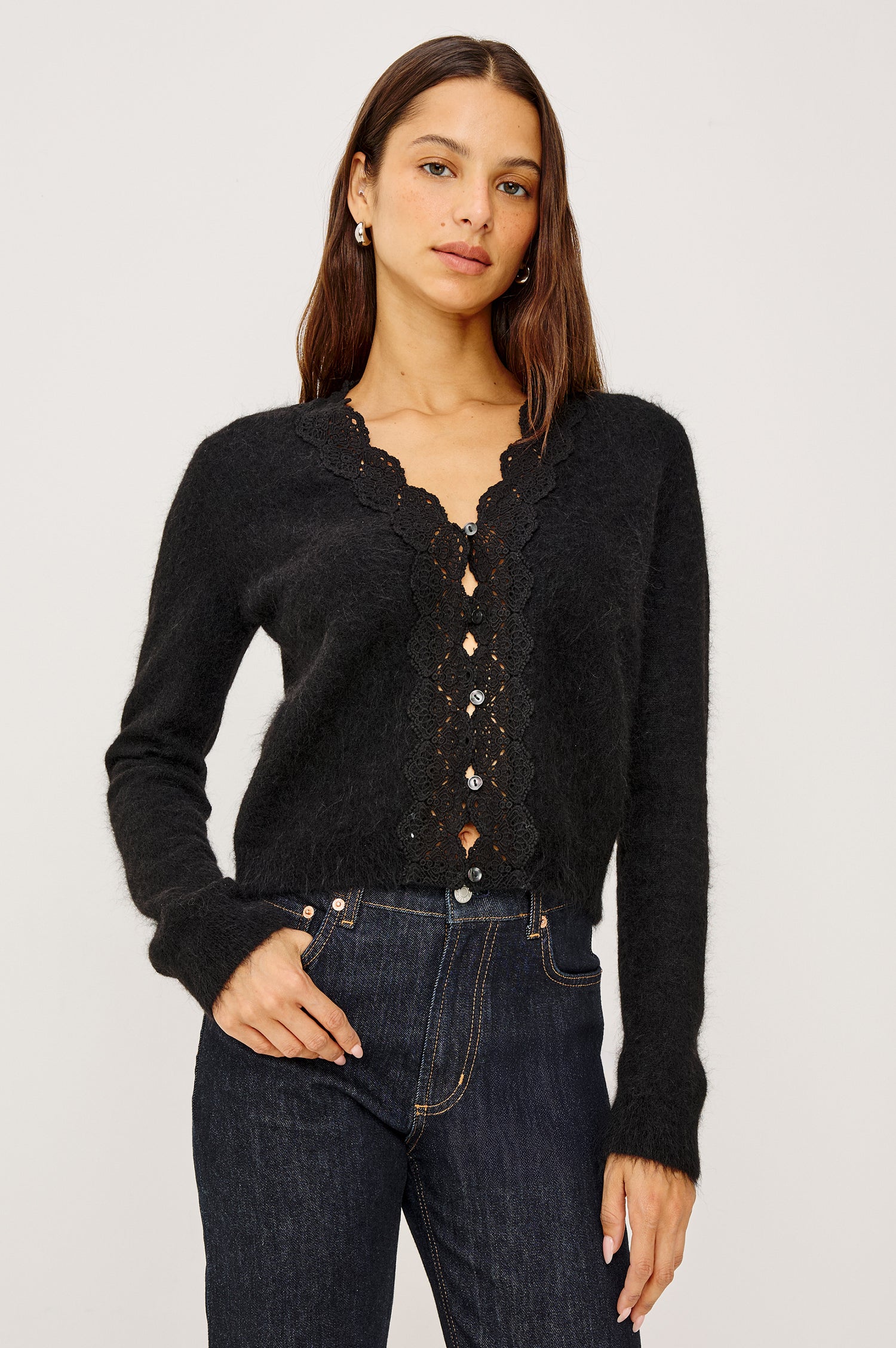 Mer Cardigan Sweater in Alpaca Wool Blend Knit With Lace Trim V-Neckline, Front Buttons, and Long Sleeves in Black Colorway - Upper Body Front View Featured on Model