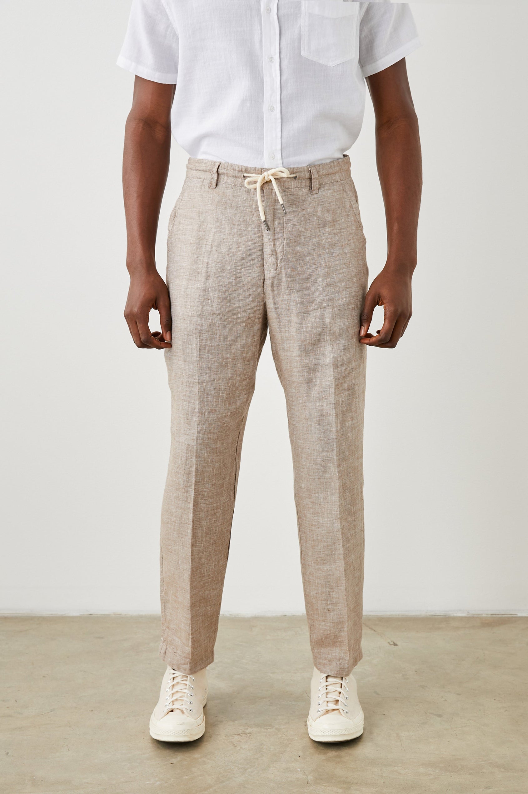 Mercer Pants with a Button and Drawcord Waist, Belt Loops, Two Front Pockets and Two Back Button Welt Pockets in Bulgar Colorway - Front View Featured on Model