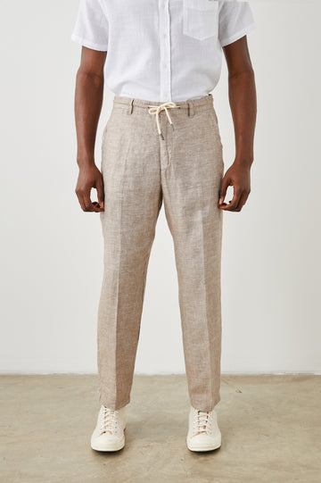 Mercer Pants with a Button and Drawcord Waist, Belt Loops, Two Front Pockets and Two Back Button Welt Pockets in Bulgar Colorway - Front View Featured on Model