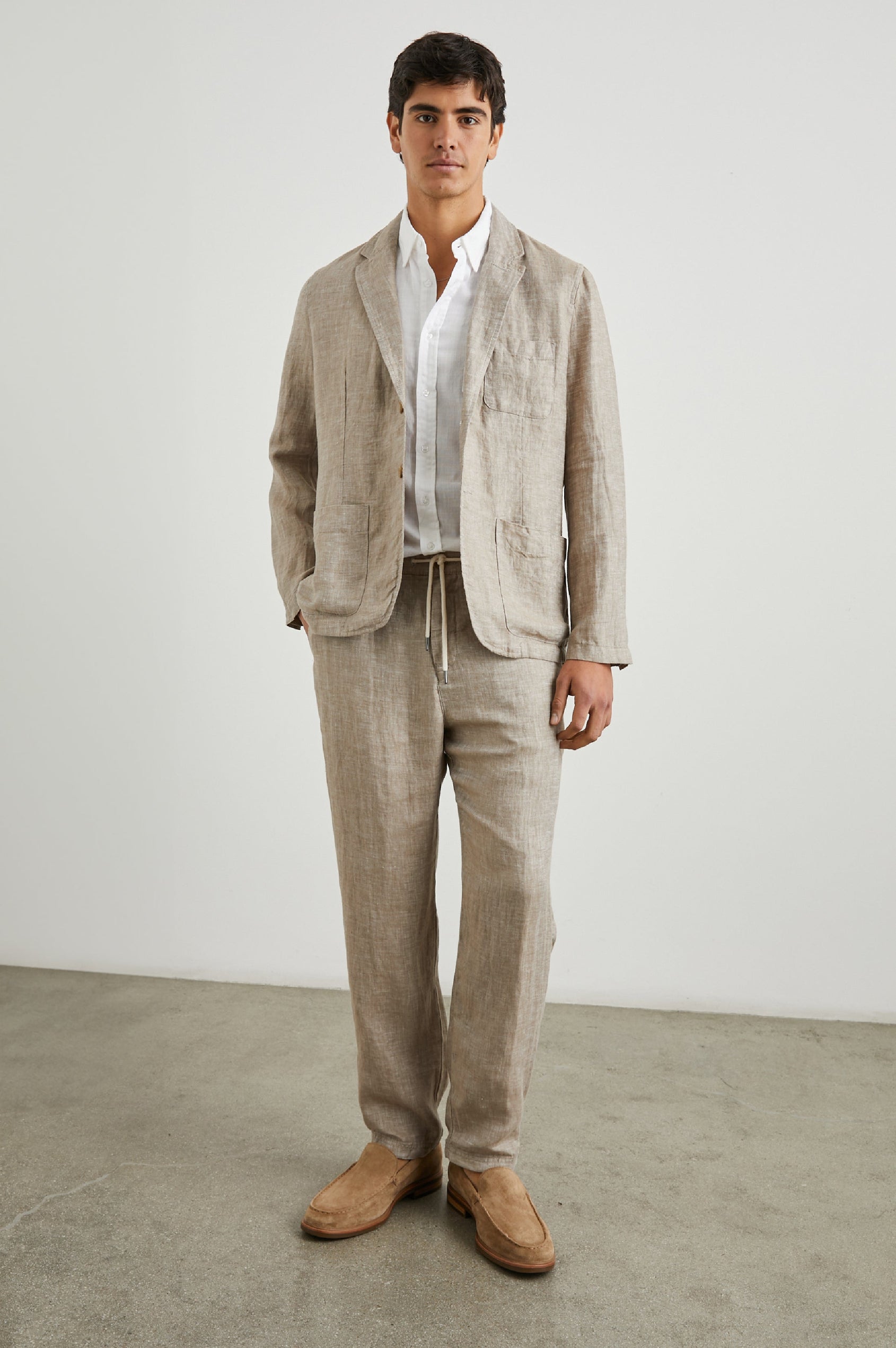 Mercer Pants with a Button and Drawcord Waist, Belt Loops, Two Front Pockets and Two Back Button Welt Pockets in Bulgar Colorway - Front Full Body View Featured on Model