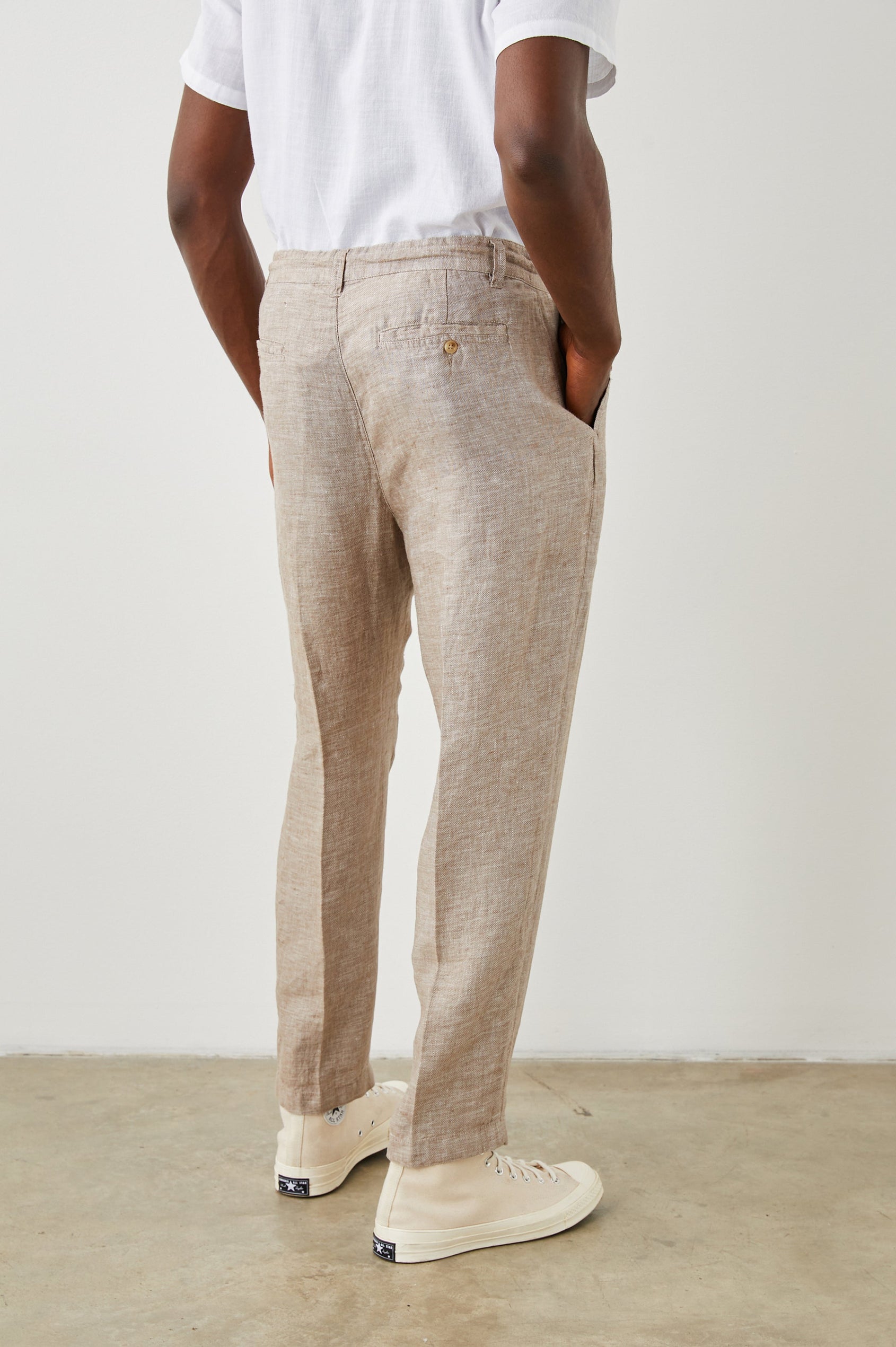 Mercer Pants with a Button and Drawcord Waist, Belt Loops, Two Front Pockets and Two Back Button Welt Pockets in Bulgar Colorway - Back View Featured on Model