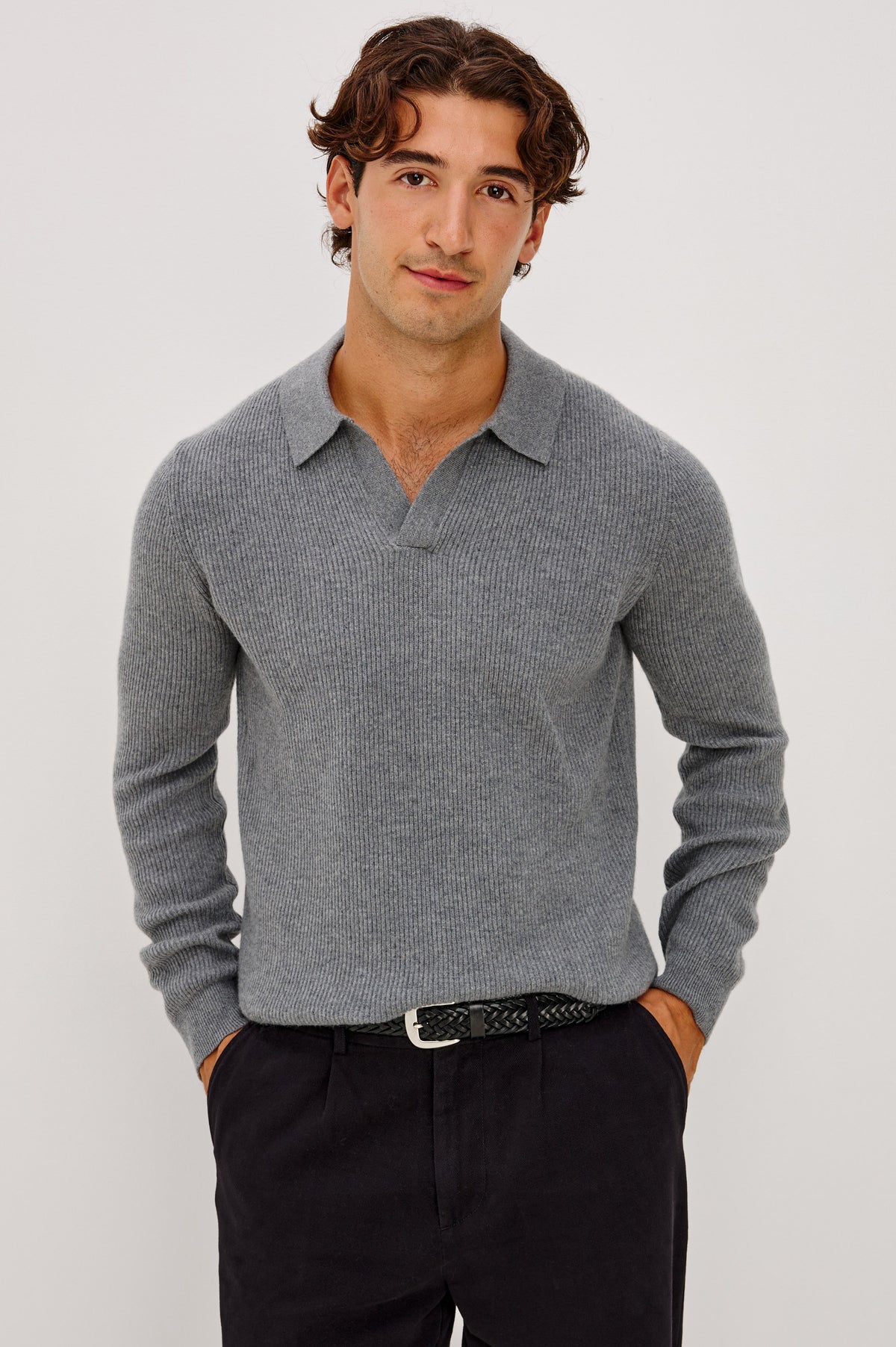 Merritt Sweater in Ribbed Wool-Cashmere-Silk Blend With Open Polo Collar and Long Sleeves in Smoke Heather Colorway - Upper Body Front View Featured on Model.