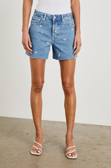 Mesa Indigo Mid Length Short with Pockets and Daisy Embroidery - On Model, Lower Half of Body