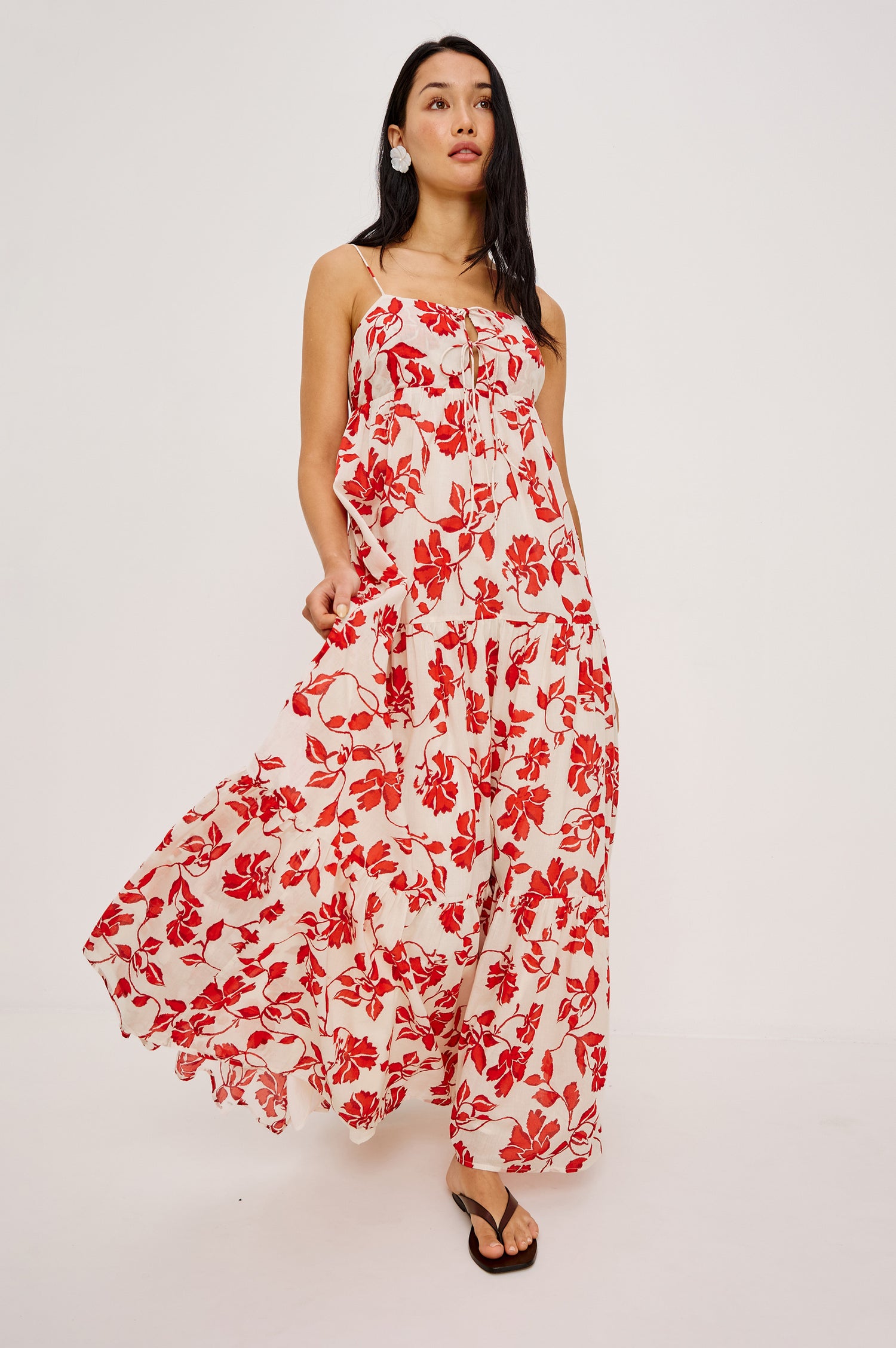 Mica Maxi Dress in Cotton With Adjustable Shoulder Straps Center-Bust Cutout With Adjustable Ties Smocked Back and Fully Lined Tiered Skirt in Red Jasmine Colorway - Full Body Front View Featured on Model