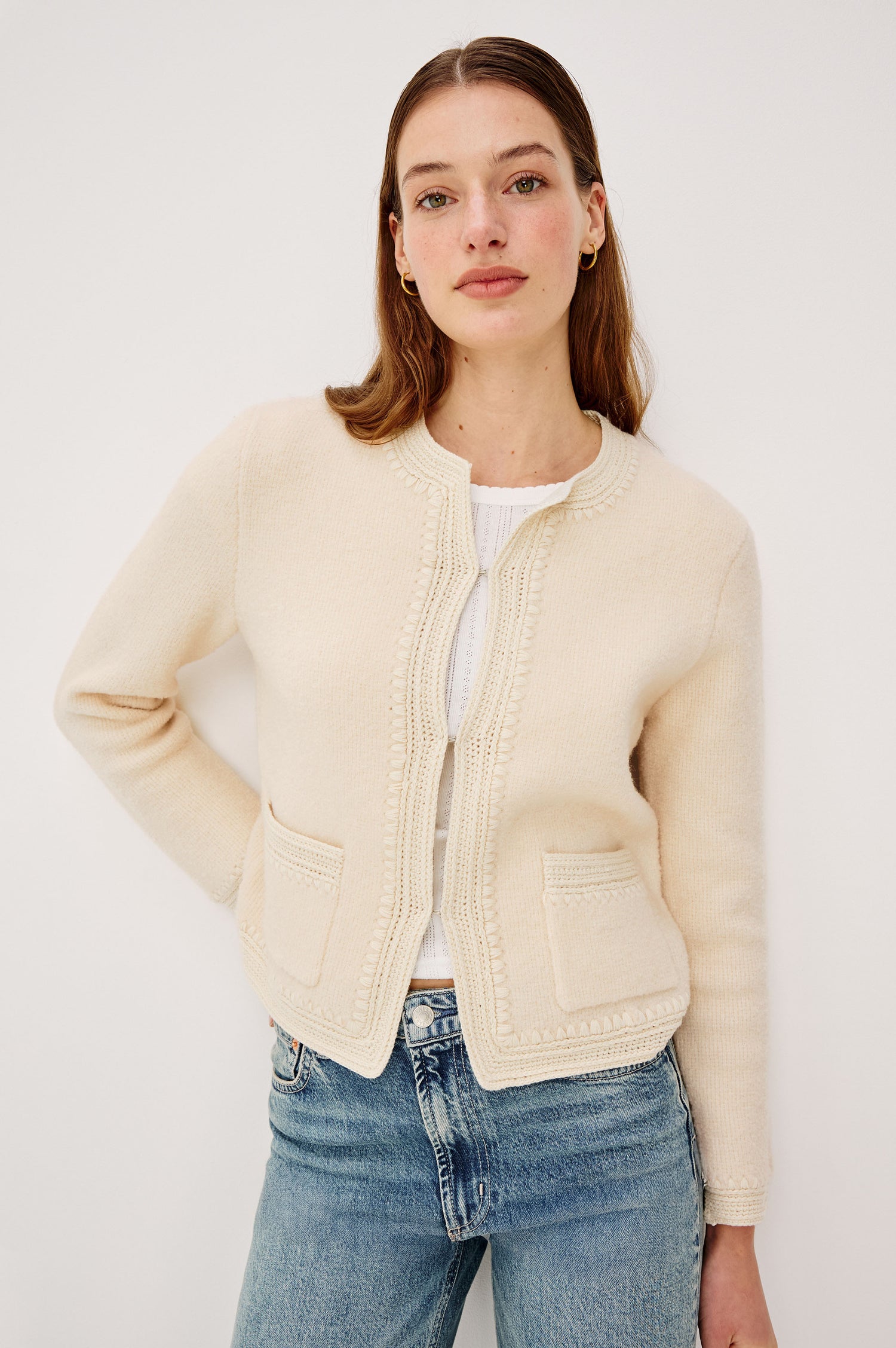 Micala Lady Jacket in Wool Blend With Round Collar Front Hook-and-Loop Closures Side Patch Pockets and Long Sleeves in Oat Colorway - Upper Body Front View Featured on Model