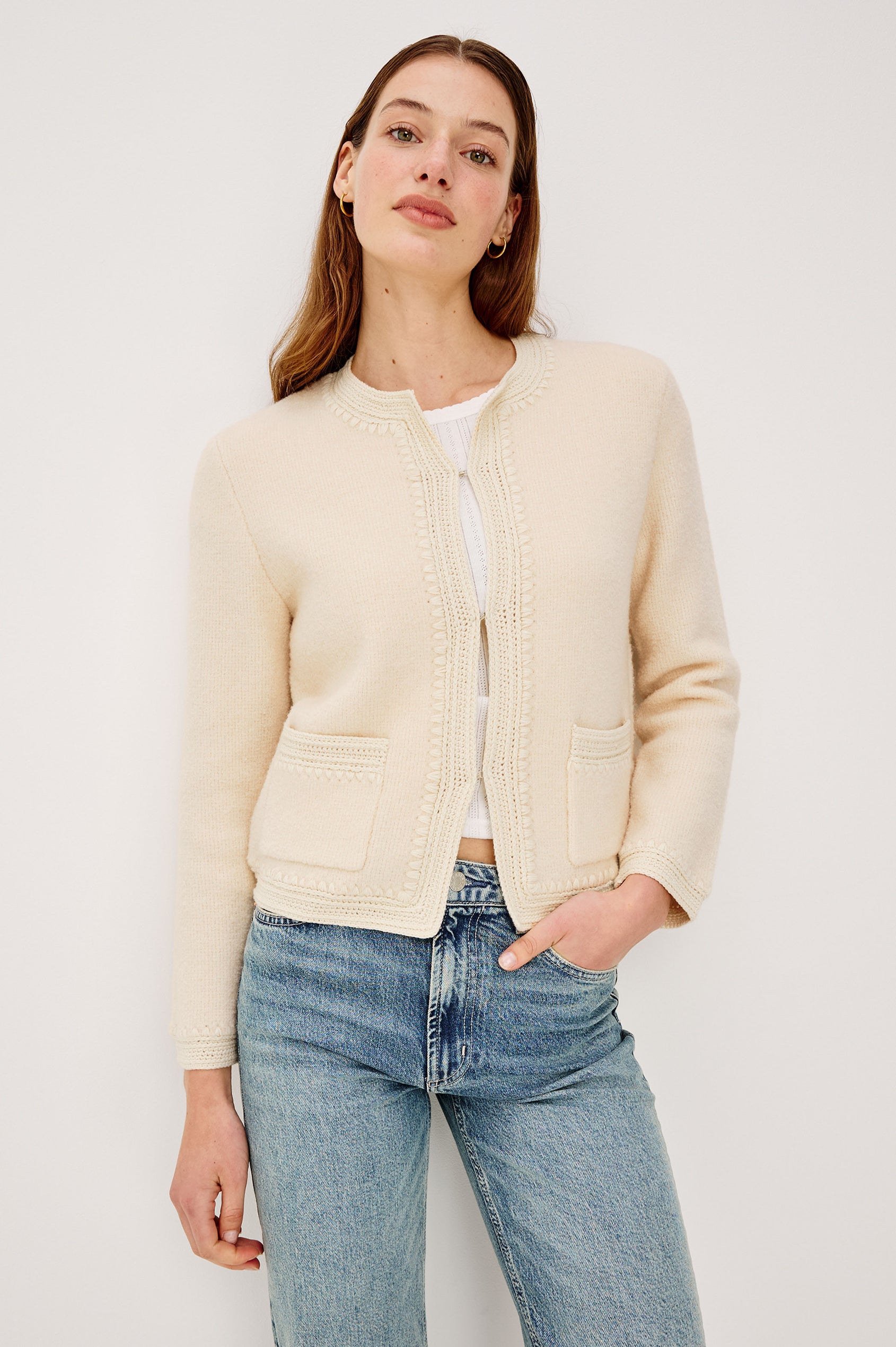 Micala Lady Jacket in Wool Blend With Round Collar Front Hook-and-Loop Closures Side Patch Pockets and Long Sleeves in Oat Colorway - Upper Body Front View Featured on Model