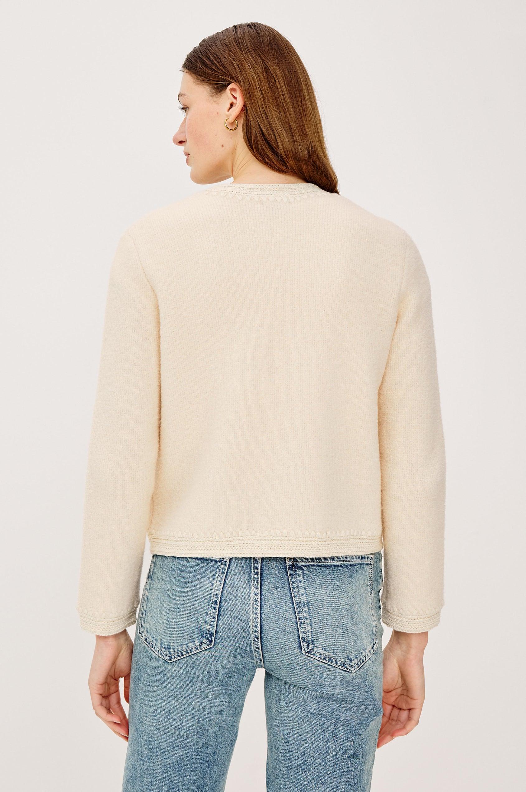 Micala Lady Jacket in Wool Blend With Round Collar Front Hook-and-Loop Closures Side Patch Pockets and Long Sleeves in Oat Colorway - Upper Body Front View Featured on Model