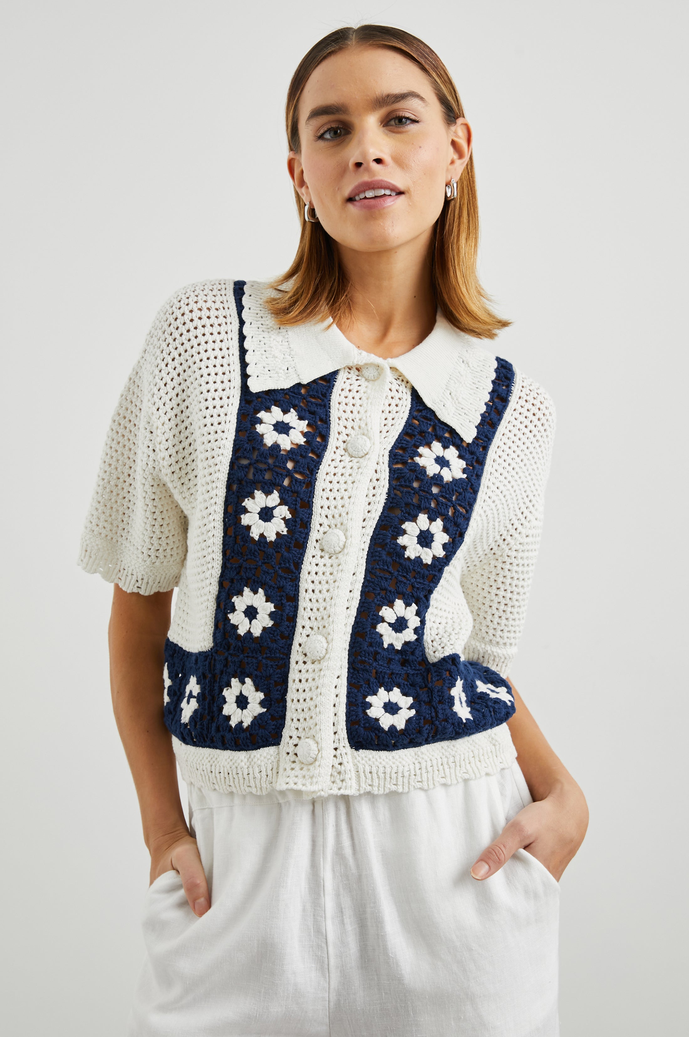 MILAN TOP - NAVY CROCHET DAISIES – Rails UK