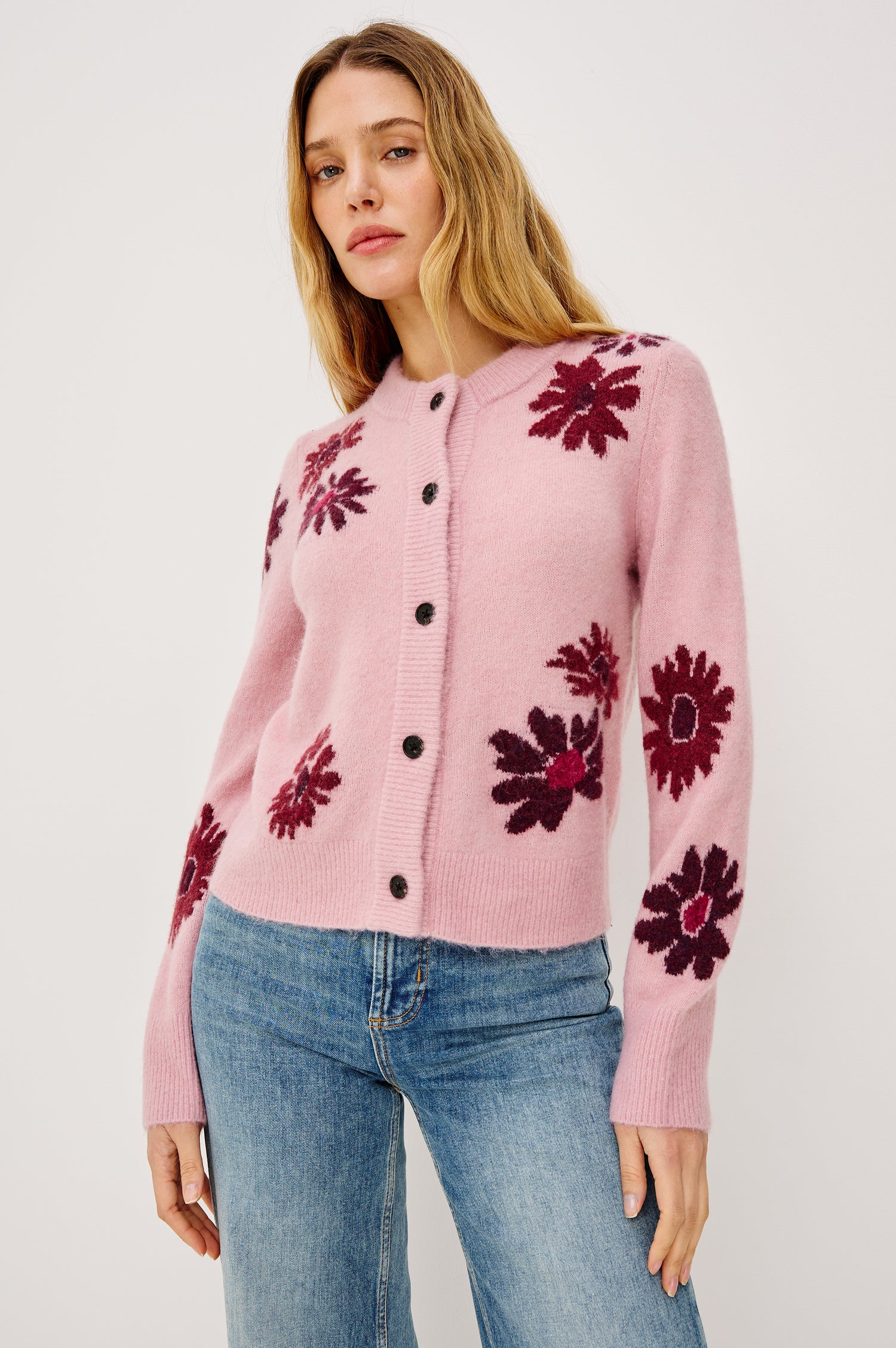 Millie Long-Sleeve Sweater with Front Button Closure, a Crew Neck and Ribbed Trim in Magenta Daisies colorway - Front View Featured on Model