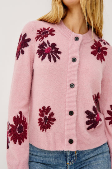 Millie Long-Sleeve Sweater with Front Button Closure, a Crew Neck and Ribbed Trim in Magenta Daisies colorway - Front View Featured on Model