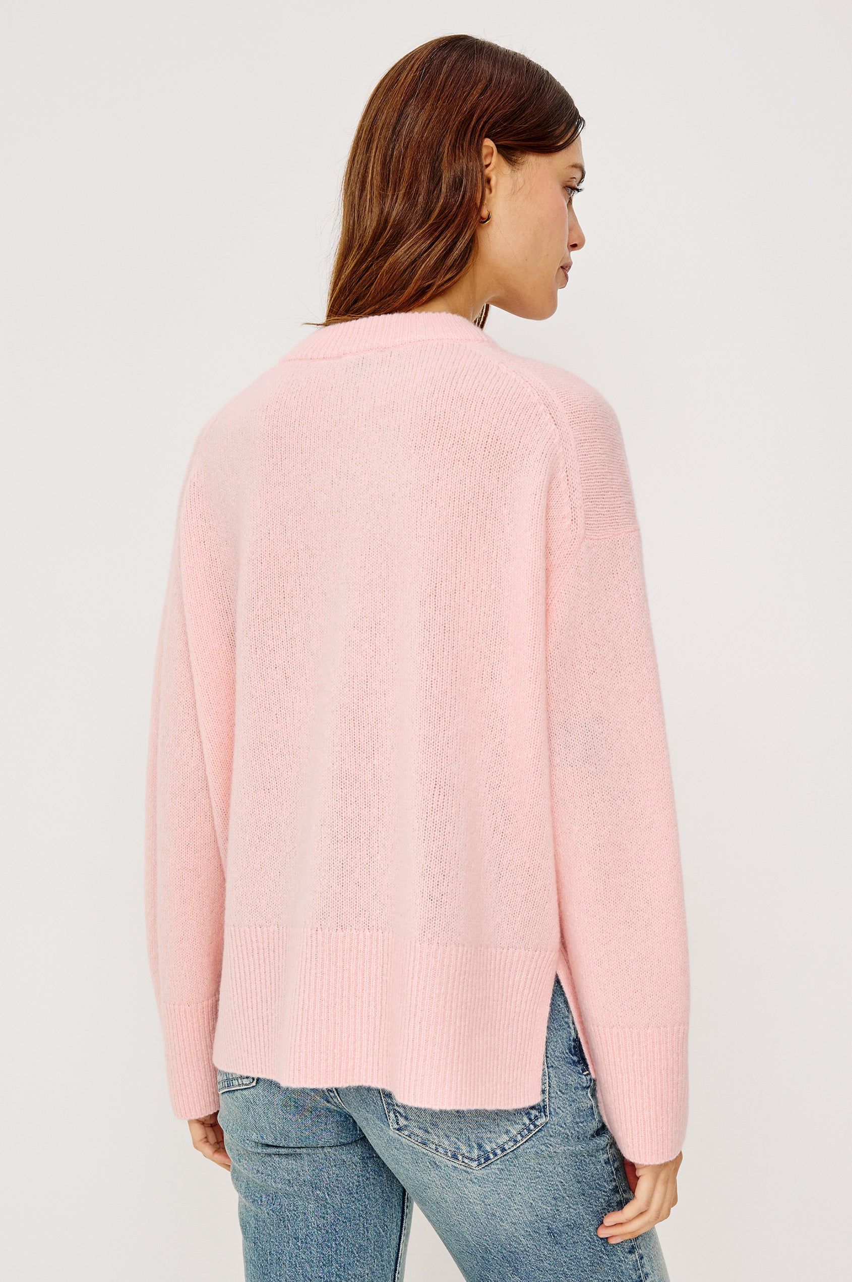 Miranda Sweater in Cashmere-Silk Blend With Crew Neckline, Ribbed Trim, Dropped Shoulders, Loose Relaxed Fit, and Long Sleeves in Carnation Colorway - Upper Body Back View Featured on Model