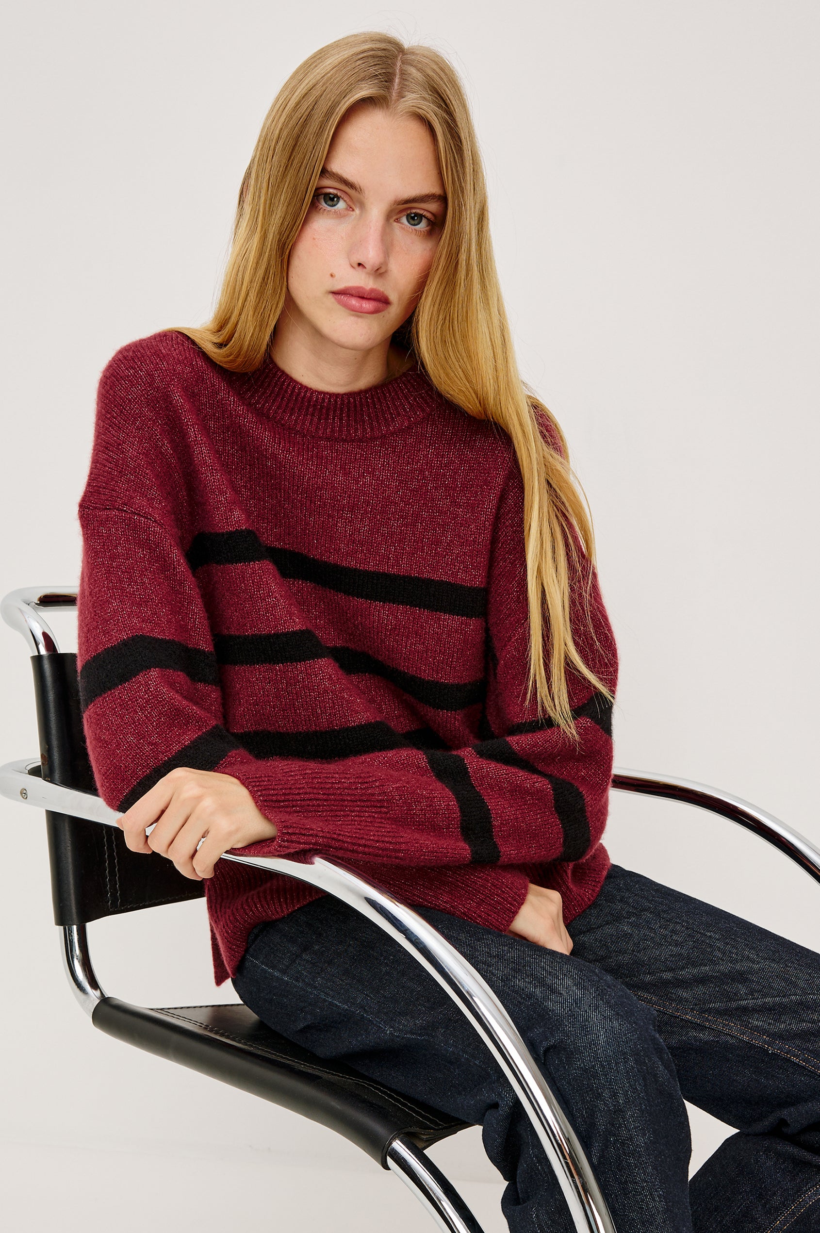Miranda Sweater in Cashmere-Silk Blend With Crew Neckline, Ribbed Trim, Dropped Shoulders, Loose Relaxed Fit, and Long Sleeves in Garnet Black Stripe Colorway - Upper Body View Featured on Model