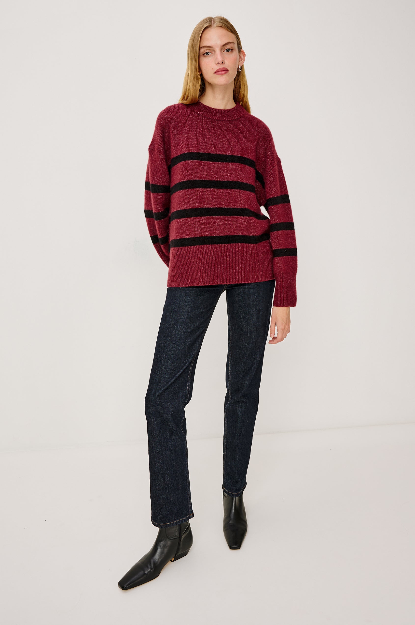 Miranda Sweater in Cashmere-Silk Blend With Crew Neckline, Ribbed Trim, Dropped Shoulders, Loose Relaxed Fit, and Long Sleeves in Garnet Black Stripe Colorway - Full Body Front View Featured on Model
