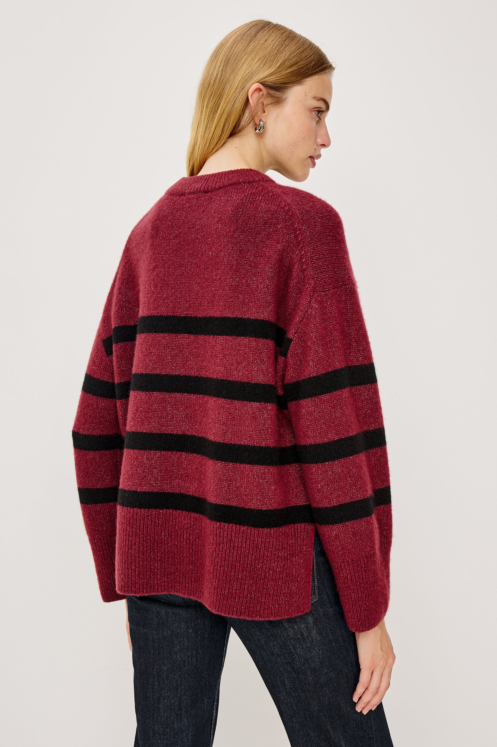 Miranda Sweater in Cashmere-Silk Blend With Crew Neckline, Ribbed Trim, Dropped Shoulders, Loose Relaxed Fit, and Long Sleeves in Garnet Black Stripe Colorway - Upper Body Back View Featured on Model