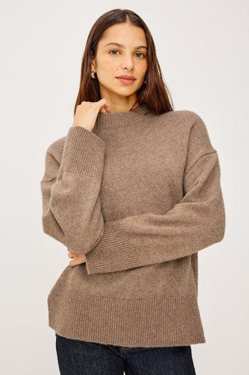 Miranda Long-Sleeve Sweater with a Mock Neck, Side Slits, and Ribbed Trim in Oatmeal Colorway - Front View Featured on Model