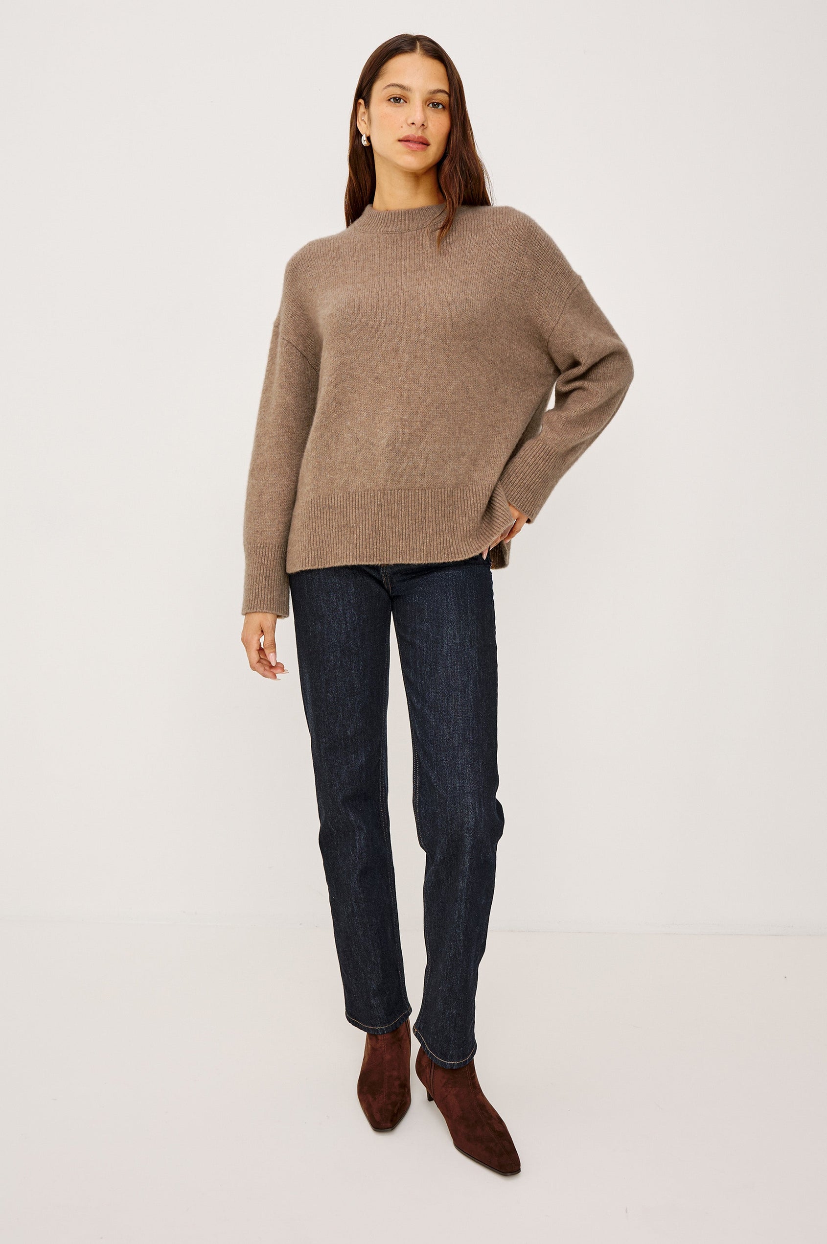Miranda Long-Sleeve Sweater with a Mock Neck, Side Slits, and Ribbed Trim in Oatmeal Colorway - Full Body Front View Featured on Model