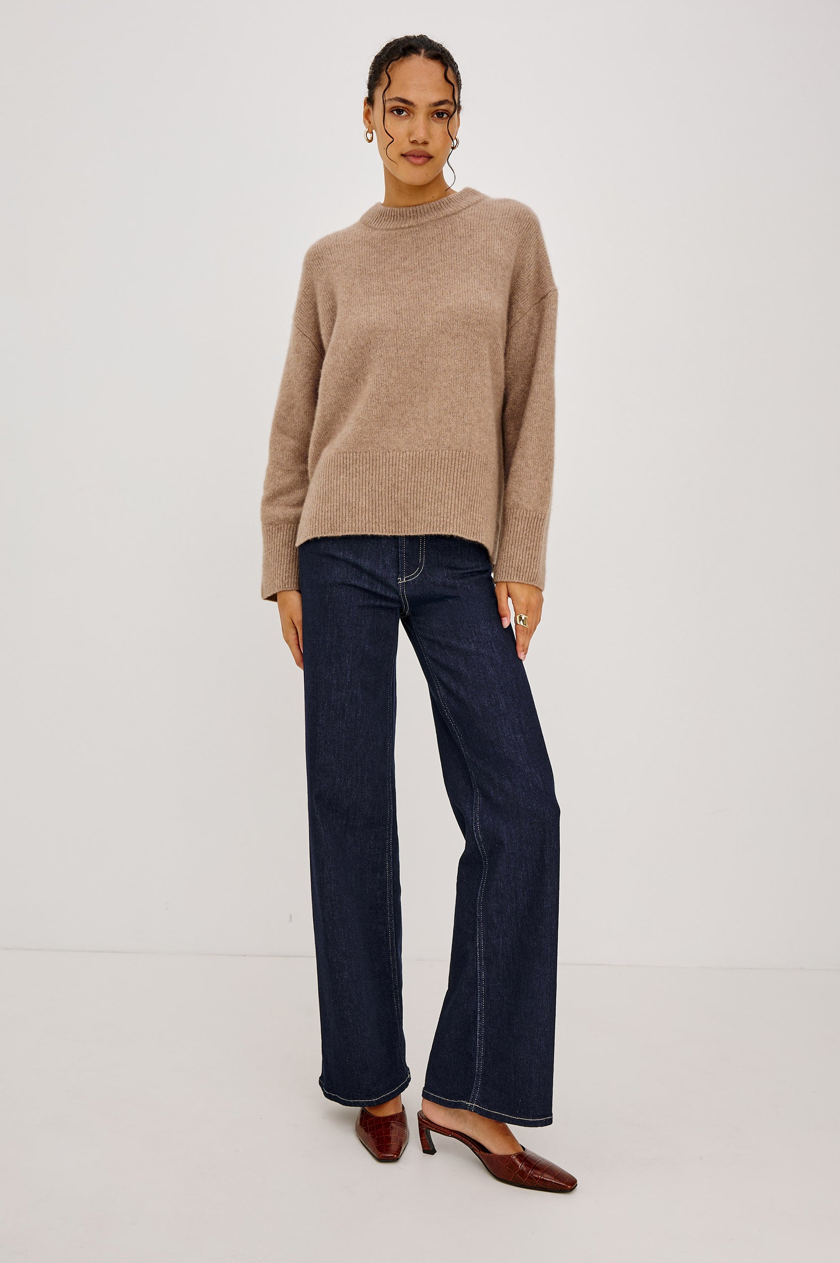 Miranda Sweater in Cashmere-Silk Blend With Relaxed Boxy Fit, Mock Neck, Drop Shoulders, and Side Slits at Hem in Oatmeal Colorway - Full Body Front View Featured on Model