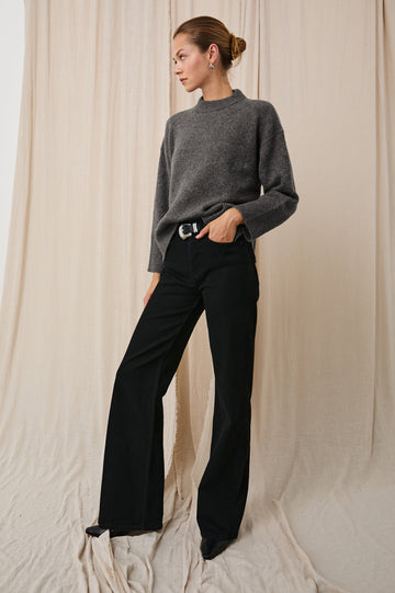 Miranda Long-Sleeve Sweater with a Mock Neck, Side Slits, and Ribbed Trim in Thunder Colorway - Front Full Body View Featured on Model