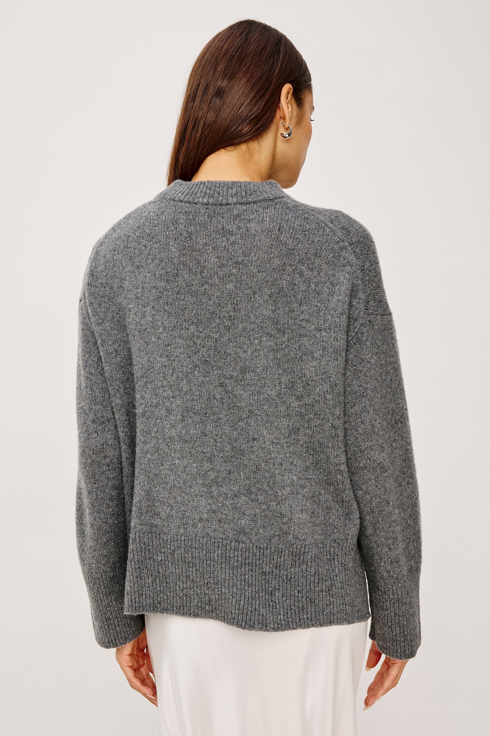 Miranda Long-Sleeve Sweater with a Mock Neck, Side Slits, and Ribbed Trim in Thunder Colorway - Back View Featured on Model