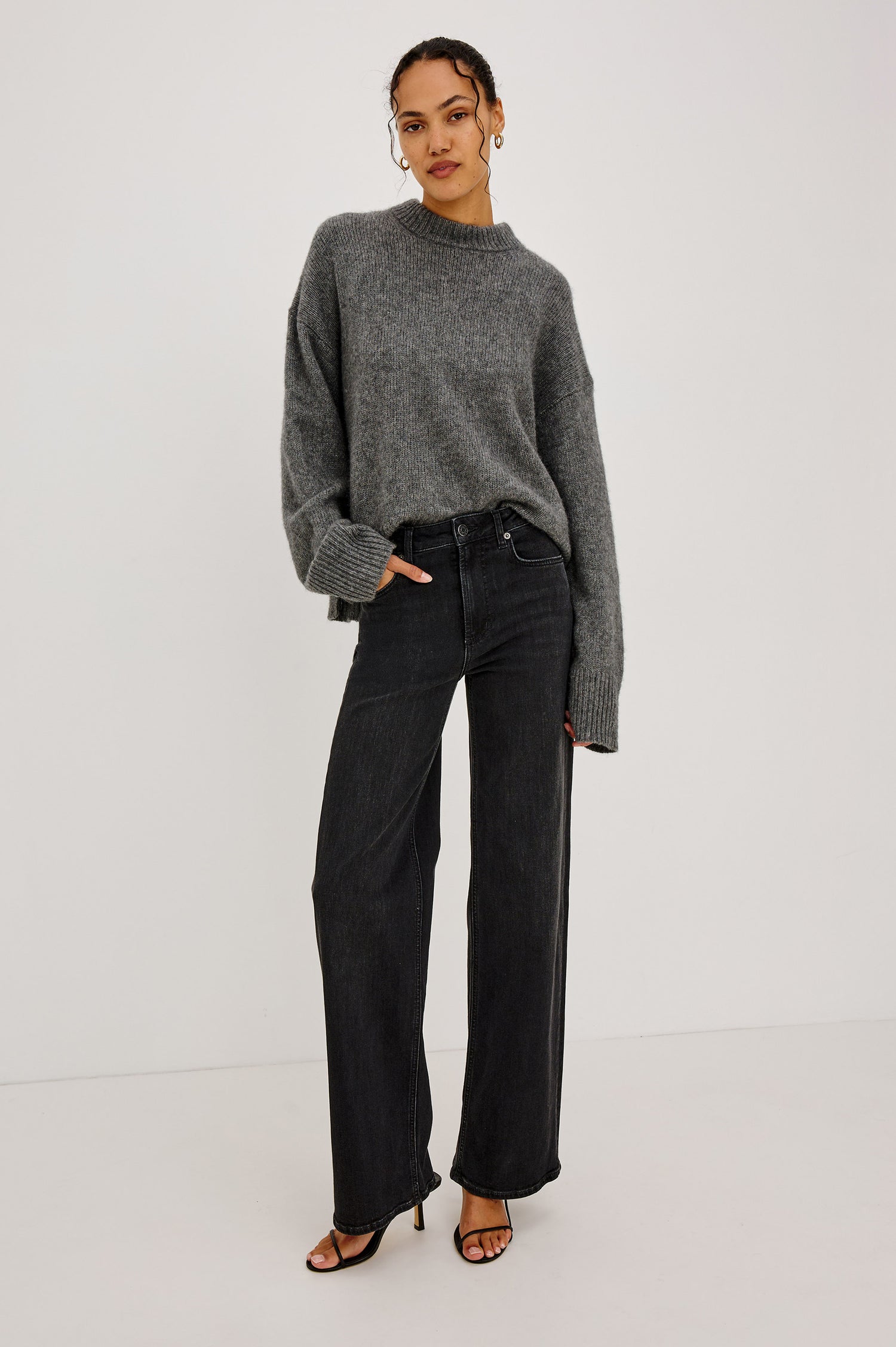 Miranda Sweater in Cashmere-Silk Blend With Relaxed Boxy Fit, Mock Neck, Drop Shoulders, and Side Slits at Hem in Thunder Colorway - Full Body Front View Featured on Model