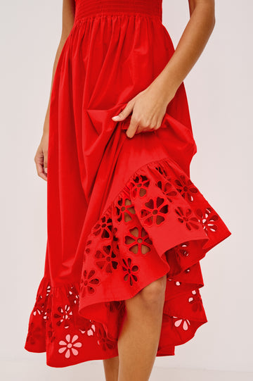Moira Midi Dress in Cotton Poplin With Wide Embroidered Shoulder Straps Sweetheart Neckline Shirred Bust Smocked Empire Waist and Fully Lined Skirt With Floral Cutwork in Scarlet Colorway - Upper Body Close Up View Featured on Model