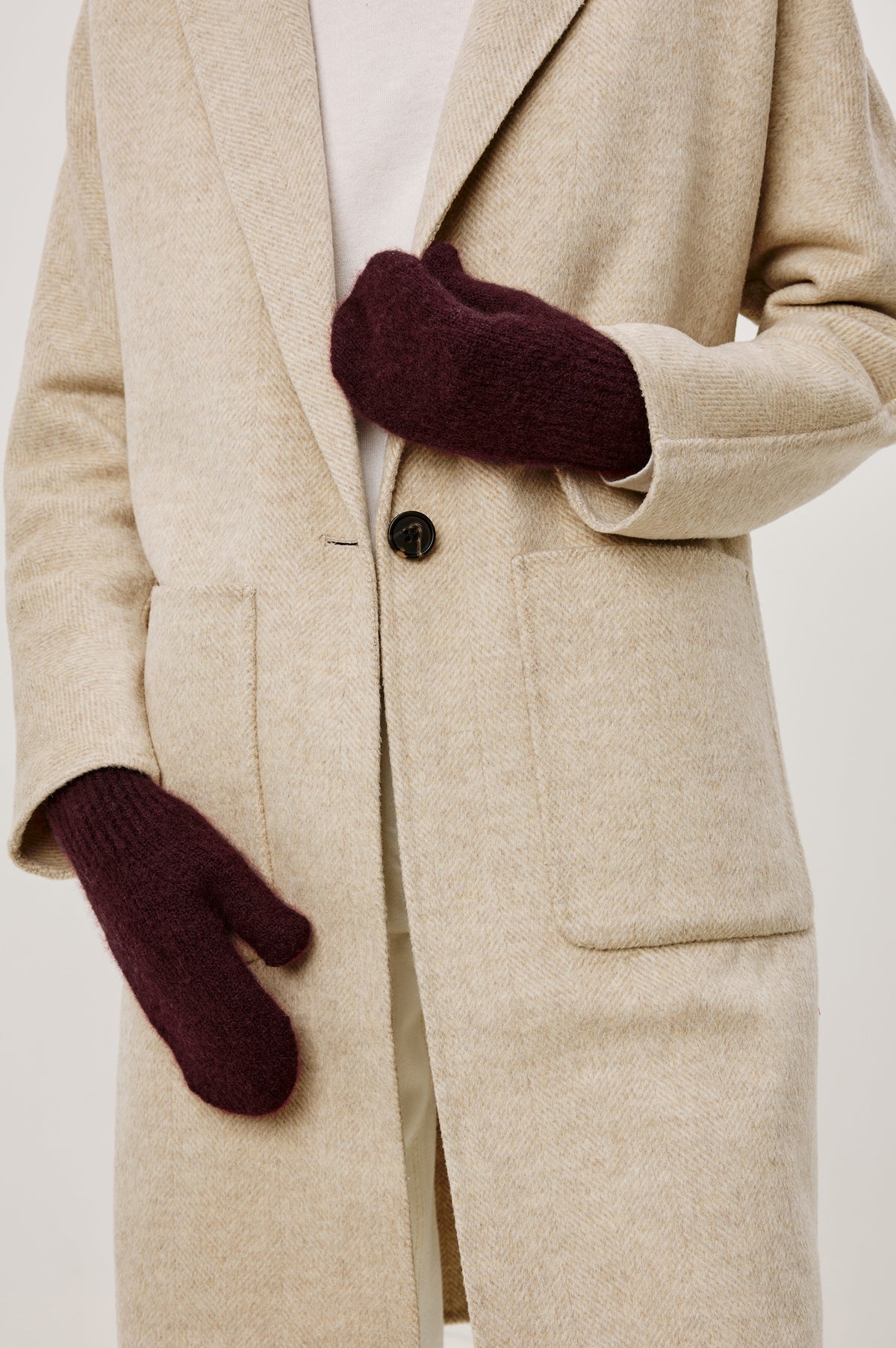 Moritz Mittens in Cashmere Silk Blend With Ribbed Trim in Wine Colorway - Mid Body Front View Featured on Model