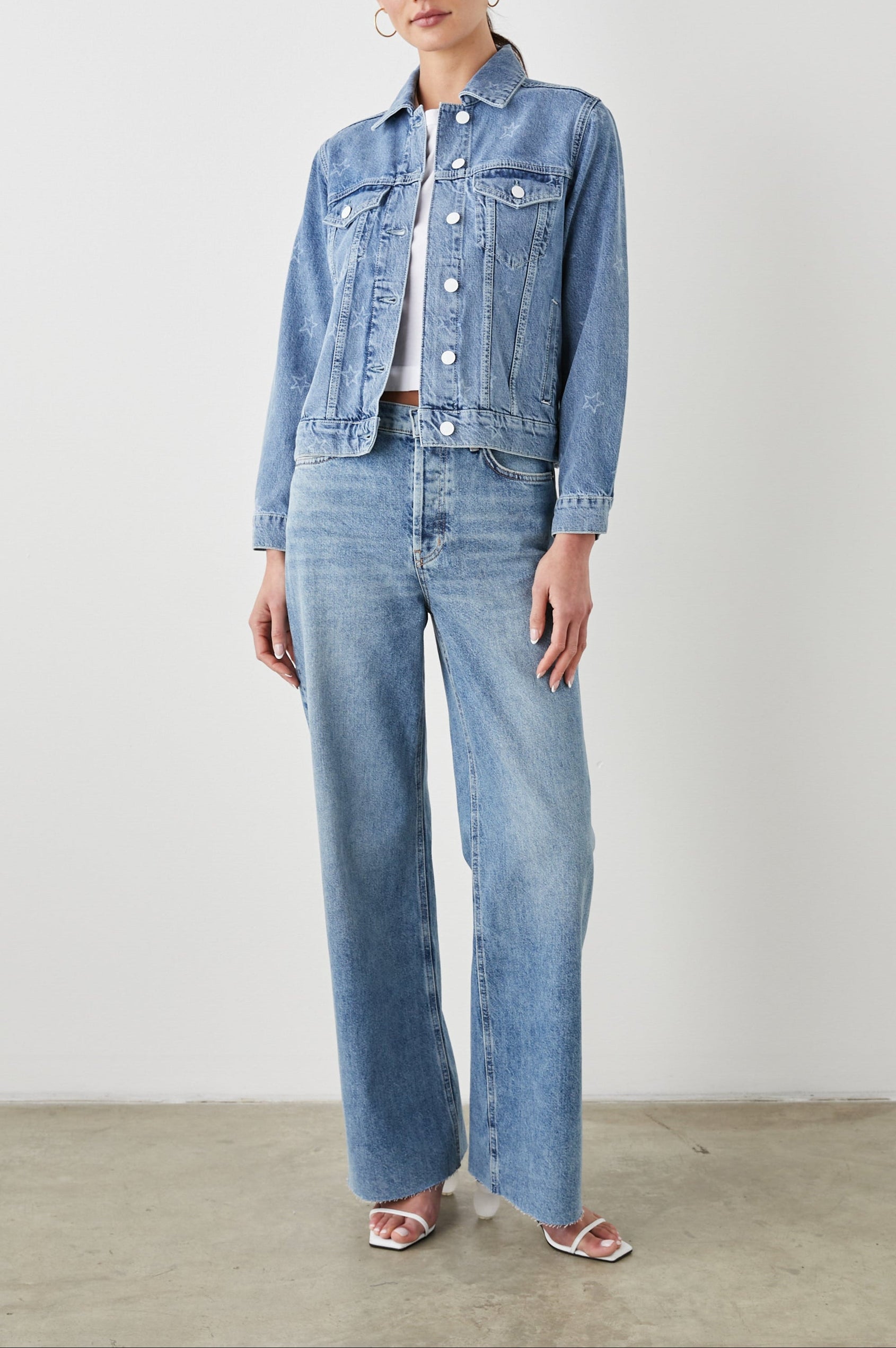 Mulholland Denim Jacket with Button Closure, Two Chest Button Flap Pockets, Two Front Pockets, Adjustable Button Straps on Hem in Lady Liberty Colorway, with White Stars - Front Full Body View Featured on Model  