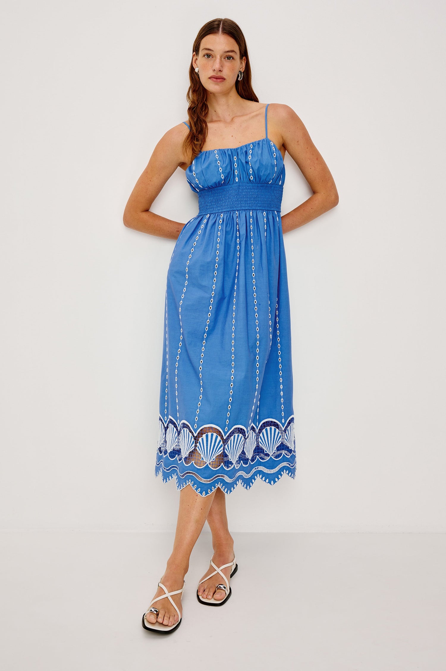 Murano Midi Tank Dress with Spaghetti Straps, Gathered Elastic Waistband, Sea Shell Embroidery and Scalloped Hem in French Blue Colorway. Full Body Front View Shown on Model.