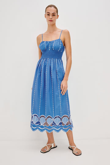 Murano Midi Tank Dress with Spaghetti Straps, Gathered Elastic Waistband, Sea Shell Embroidery and Scalloped Hem in French Blue Colorway. Full Body Front View Shown on Model.