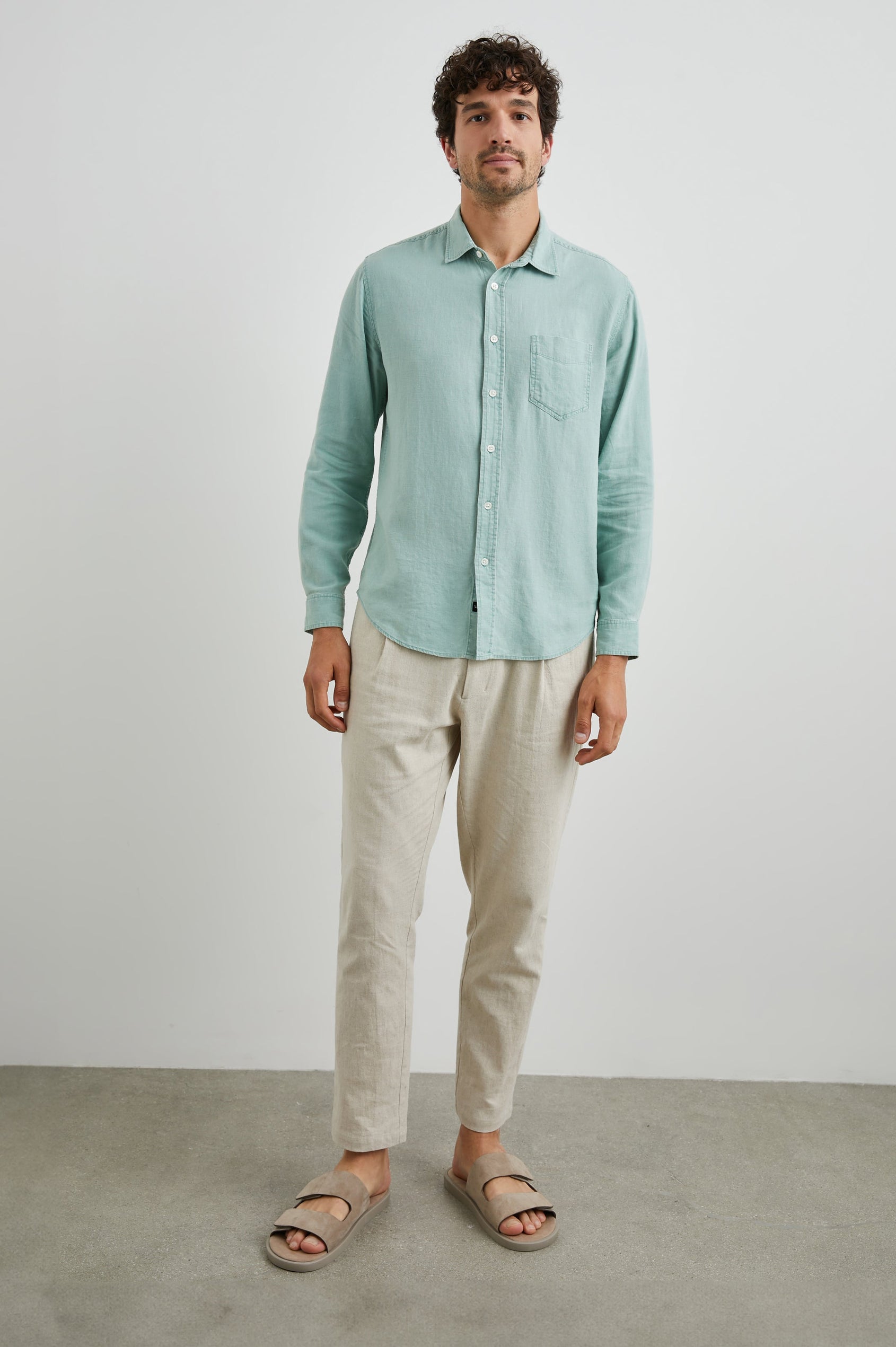 Mykonos Long-Sleeve Button Up with a Patch Pocket in Jade Colorway - Front Full Body View Featured on Model